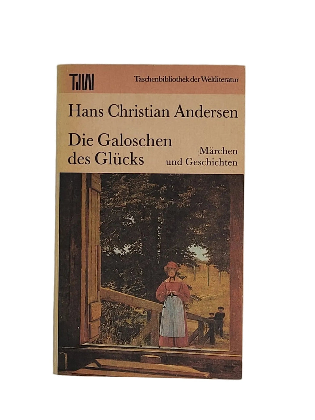 Taschenbuch-Cover von Hans Christian Andersens „Die Galoschen des Glücks“ aus dem Aufbau-Verlag mit dem Gemäldedetail einer Frau am Holzgeländer vor Bäumen.