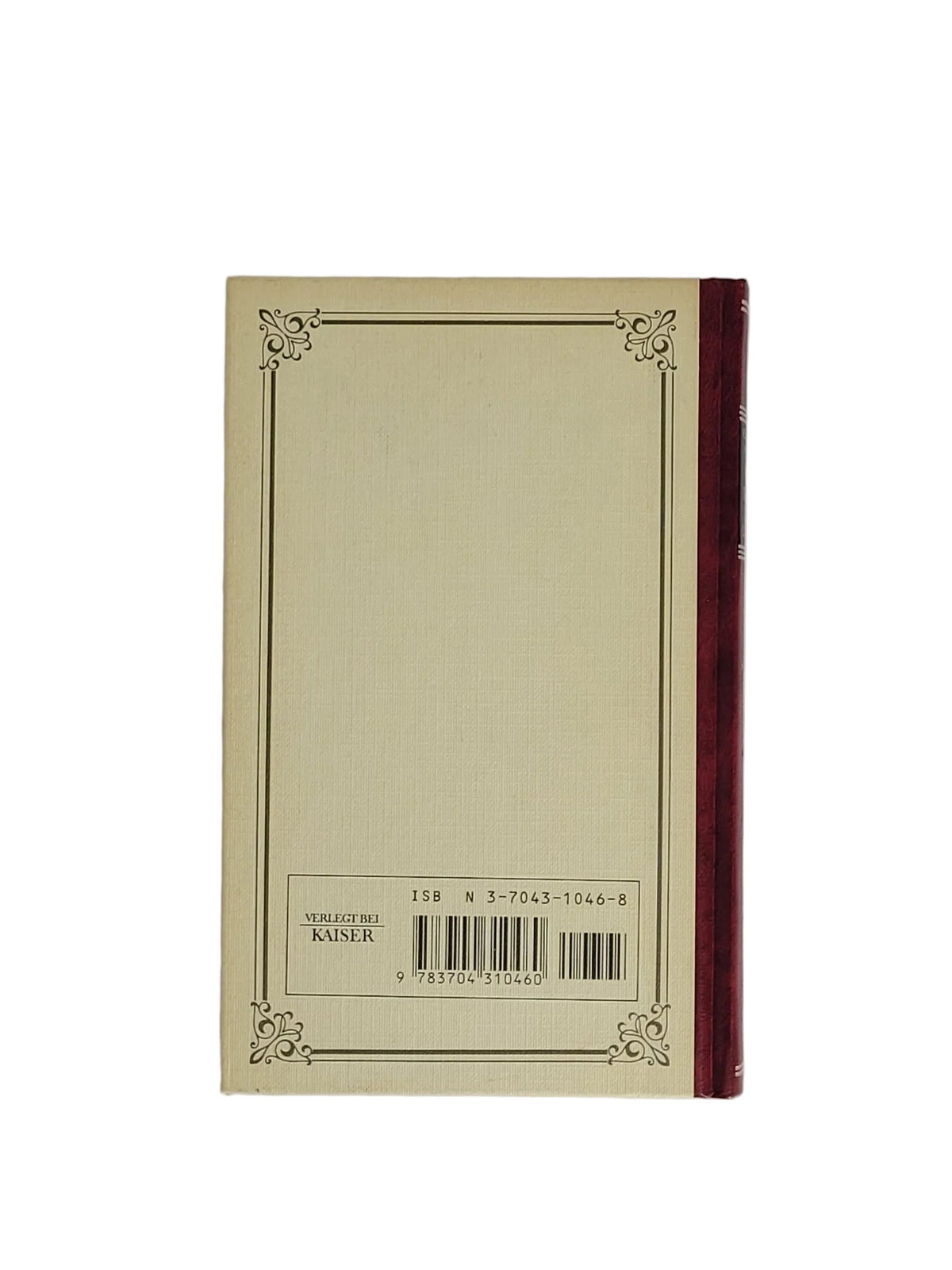 Rückseite des Bändchens "Das Buch der Lieder" von Heinrich Heine mit Barcode, ISBN 3-7043-1046-8 und dekorativem Eck-Rahmen.