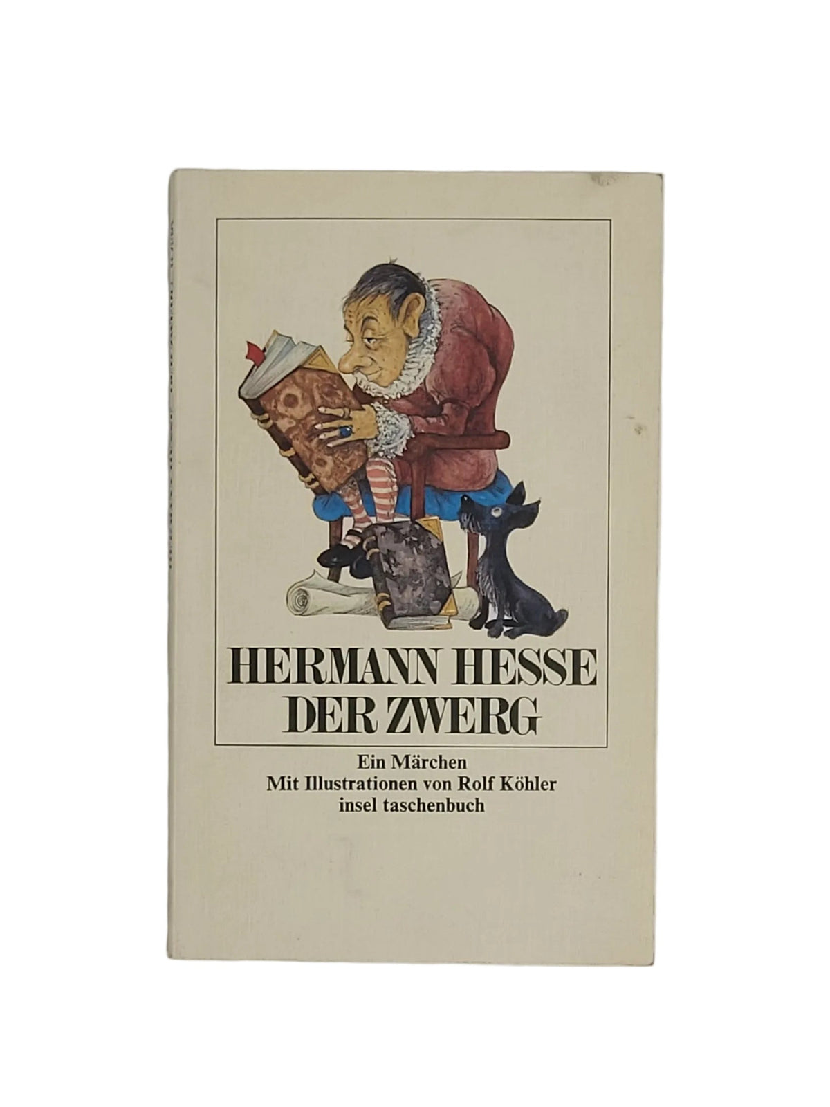 Taschenbuch-Cover von Hermann Hesses Märchen „Der Zwerg“ im Insel Verlag mit einer Zeichnung eines lesenden Zwergs in Renaissance-Kleidung und eines kleinen schwarzen Hundes.