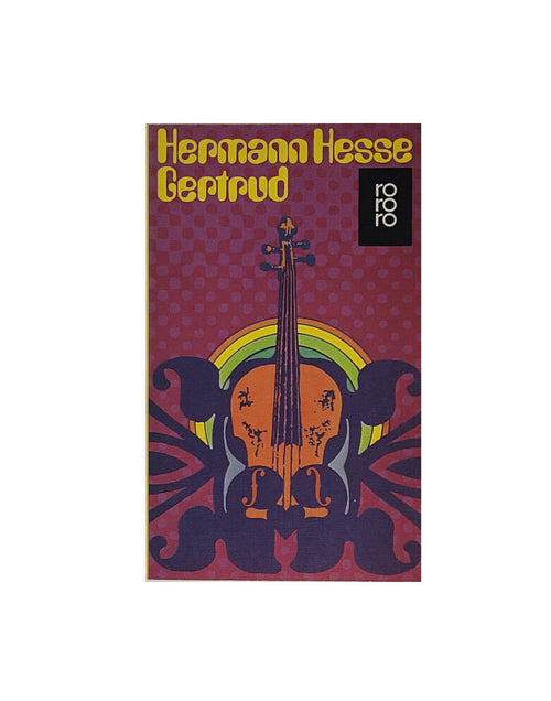 „Buchcover Hermann Hesse Gertrud, rororo Taschenbuch 1977sichtbar ist der Korpus einer Bratsche violetter Hintergrund
