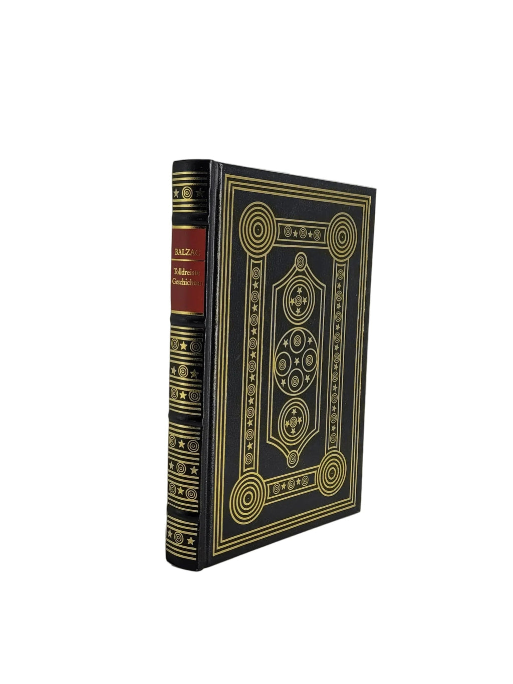 Schwarz-gold gebundener Repräsentativband von Balzacs „Tolldreiste Geschichten“ aus der Harenberg Erzähler-Bibliothek mit filigranen Goldornamenten und rotem Rückenschild.