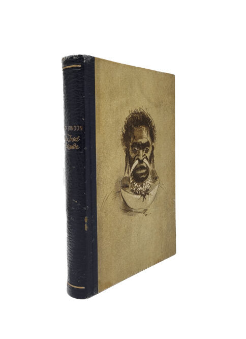 BBuchcover Jack London Die Insel Berande, Deutsche Buch‑Gemeinschaft gebundene Ausgabe 1951“  Portätzeichnung  eines möglicherweise Ueinwohners mit Schmuckumhang
