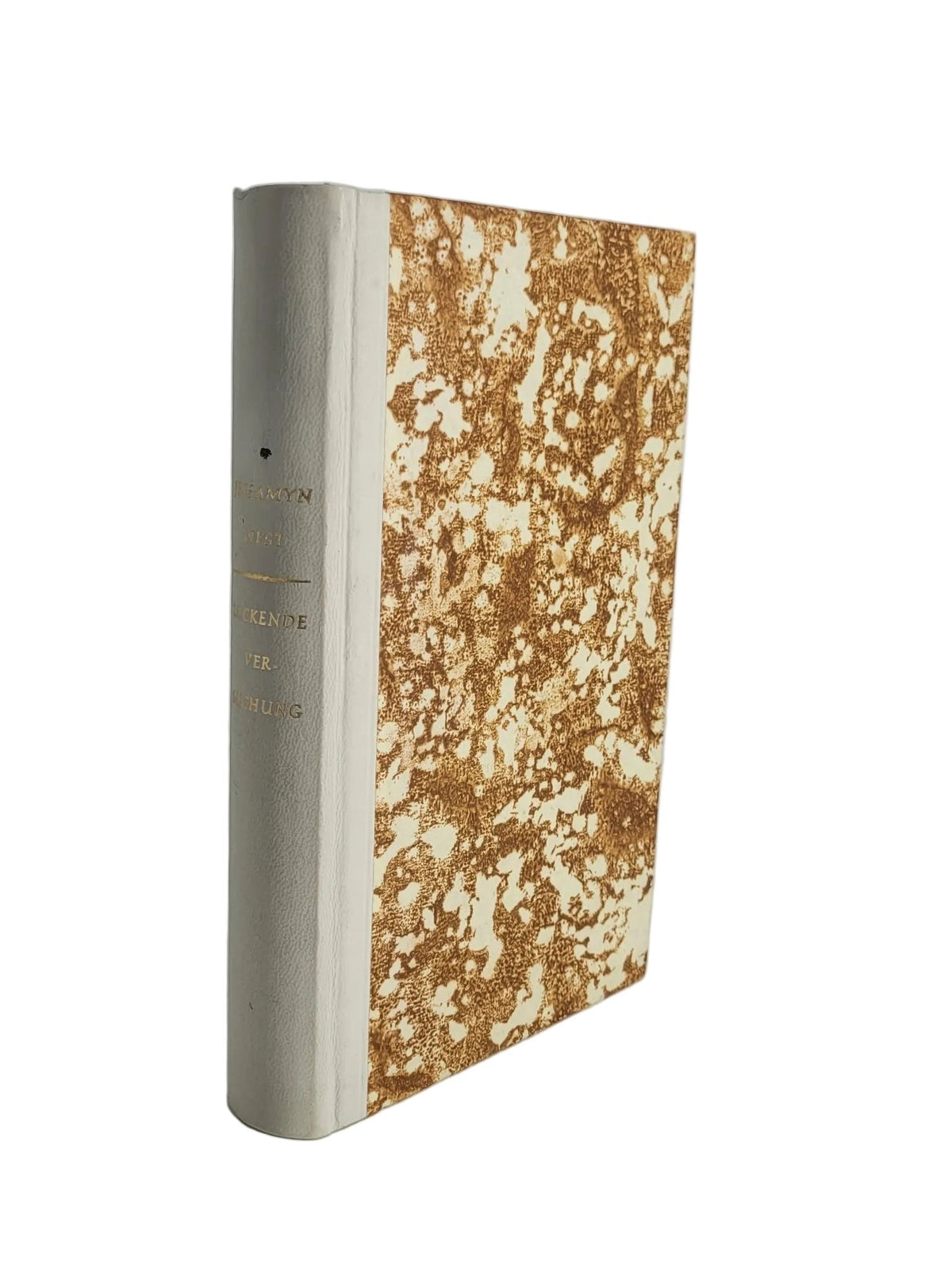 Gebundenes Buch „Lockende Versuchung“ von Jessamyn West aus dem Bertelsmann Lesering (1958). Halbleineneinband mit weißem Leinenrücken, goldener Rückenprägung und hellbraun gepunktetem Deckel.
