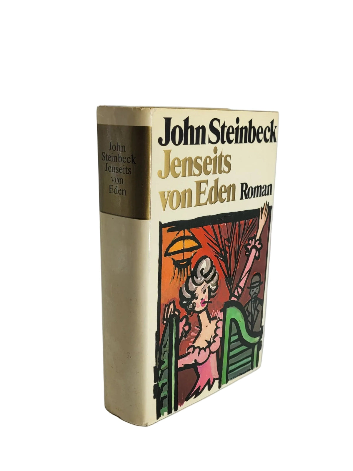 Gebundenes Buch "John Steinbeck - Jenseits von Eden" im Retro-Design mit Zeichnung einer Frau im Saloon-Kleid und goldenem Rücken-Akzent auf hellem Grund.