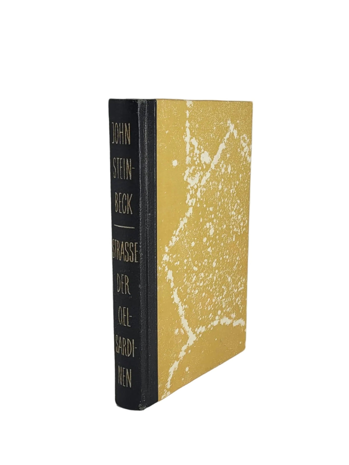 Gebundenes Buch „Straße der Ölsardinen“ von John Steinbeck aus dem Bertelsmann Lesering. Halbleineneinband mit schwarzem Leinenrücken und gelb-weiß gepunktetem Buchdeckel.