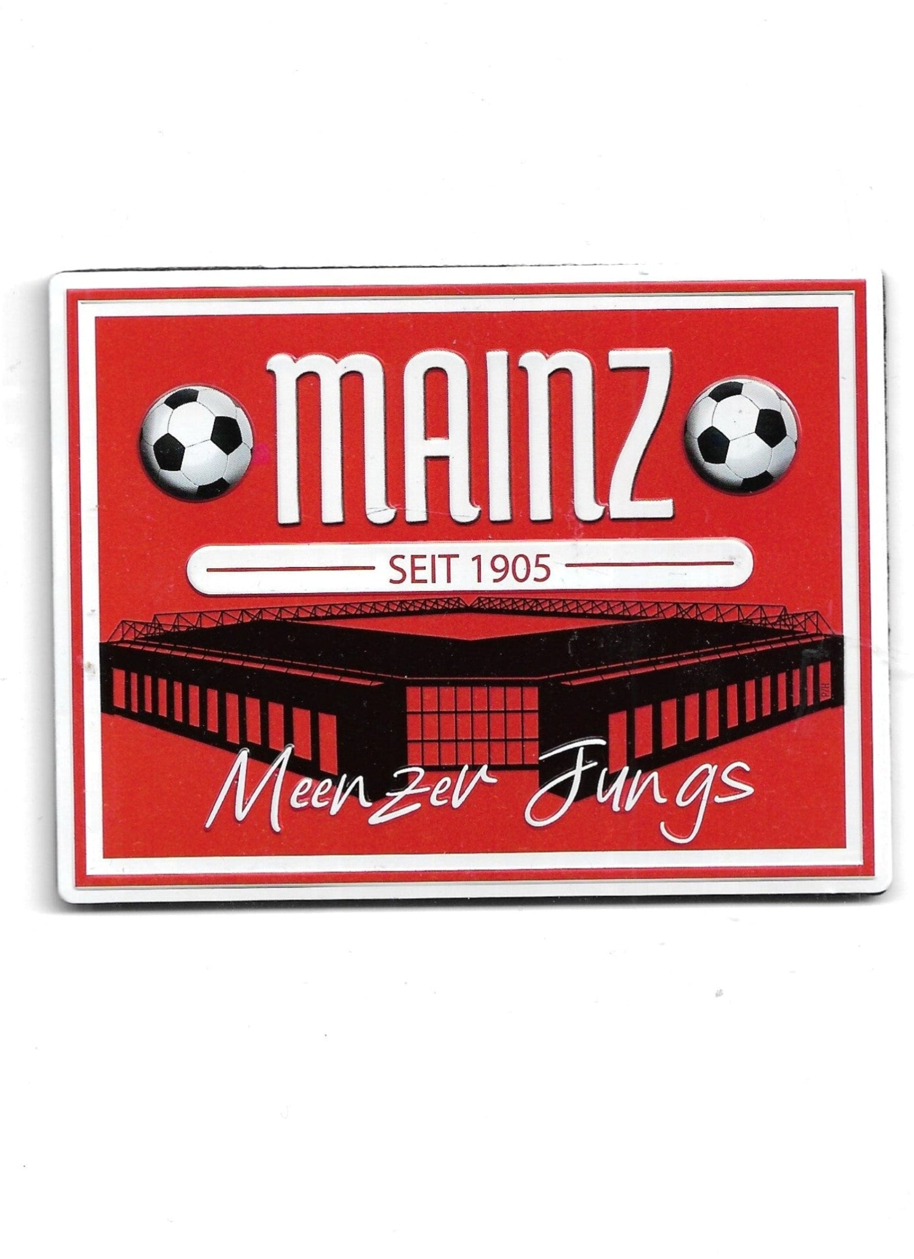 „Kühlschrankmagnet XL ‚Mainz seit 1905 – Meenzer Jungs‘, ca. 10,5 × 8 cm, rot‑weißes Motiv.“