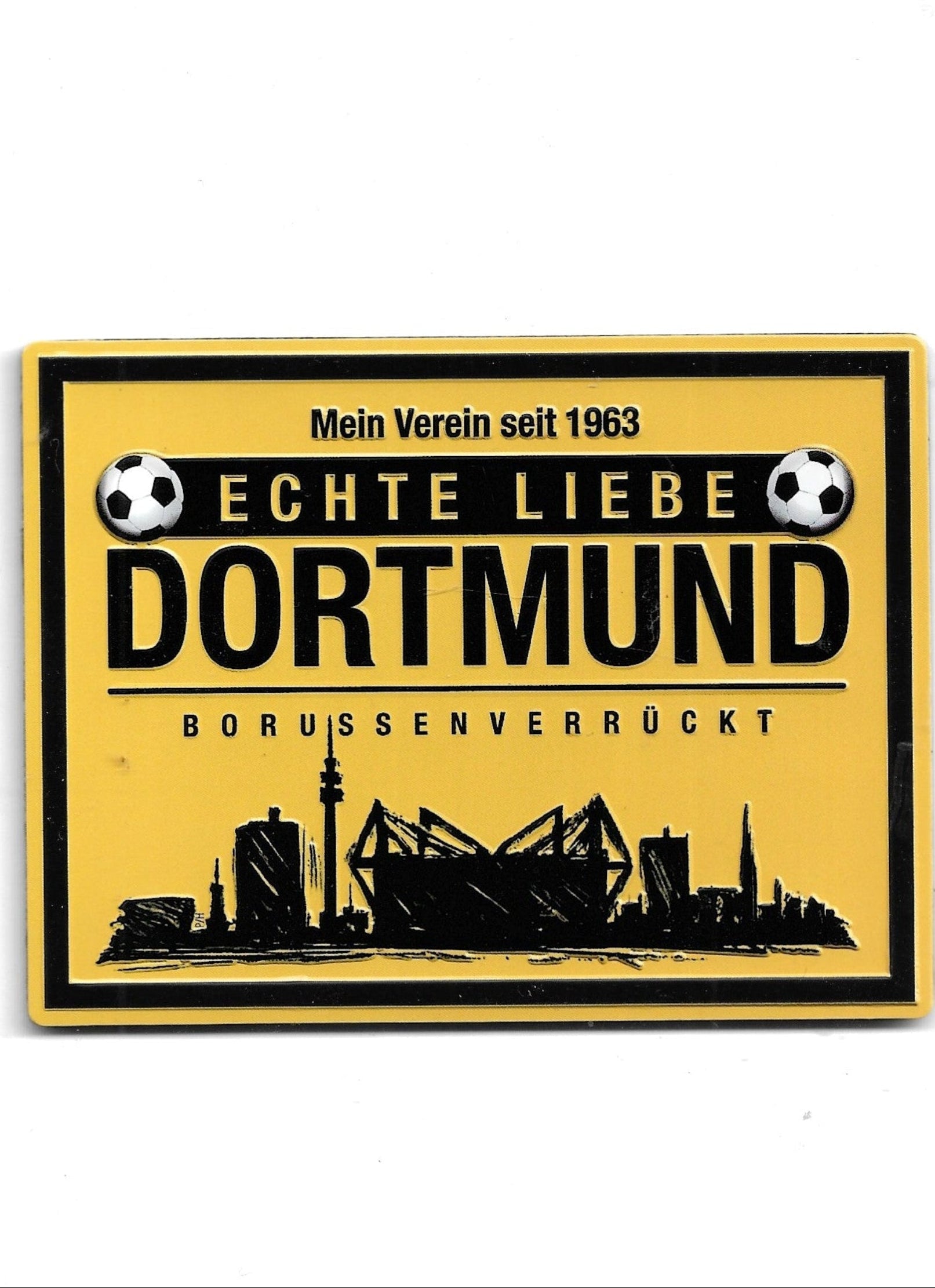 „Kühlschrankmagnet XL ‚Echte Liebe – Dortmund – Borussenverrückt‘, ca. 10,5 × 8 cm, gelb‑schwarzes Motiv.“