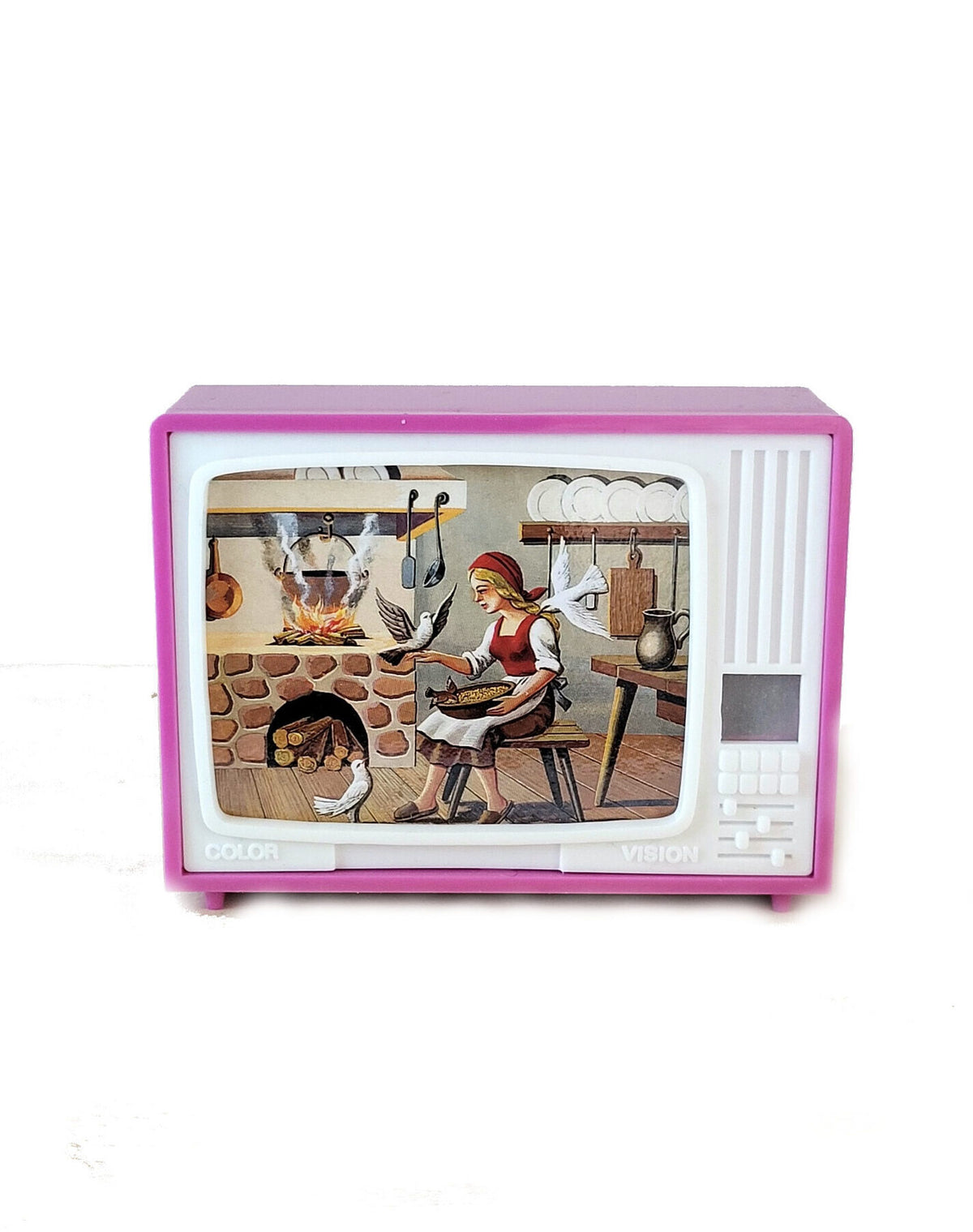 Bildbetrachter TV mit Märchen Aschenputtel, nostalgischer Mini-Klickfernseher mit 8 wechselnden Bildern im Diaformat für Kinder und Sammler.