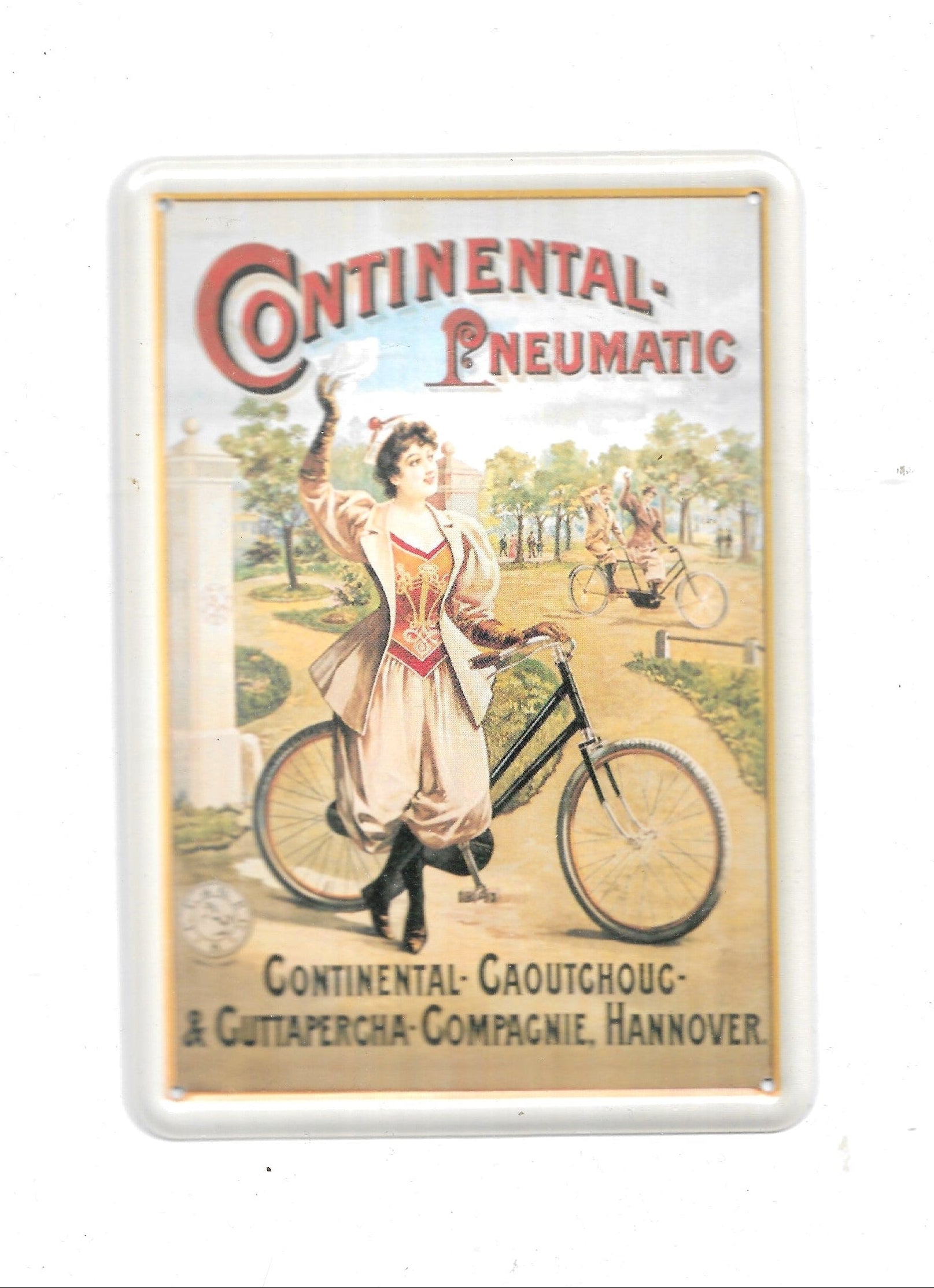 „Gewölbte und randgeprägte Blechpostkarte Continental Pneumatic, 10 × 14 cm, Metall mit papierbeschichteter Rückseite.“