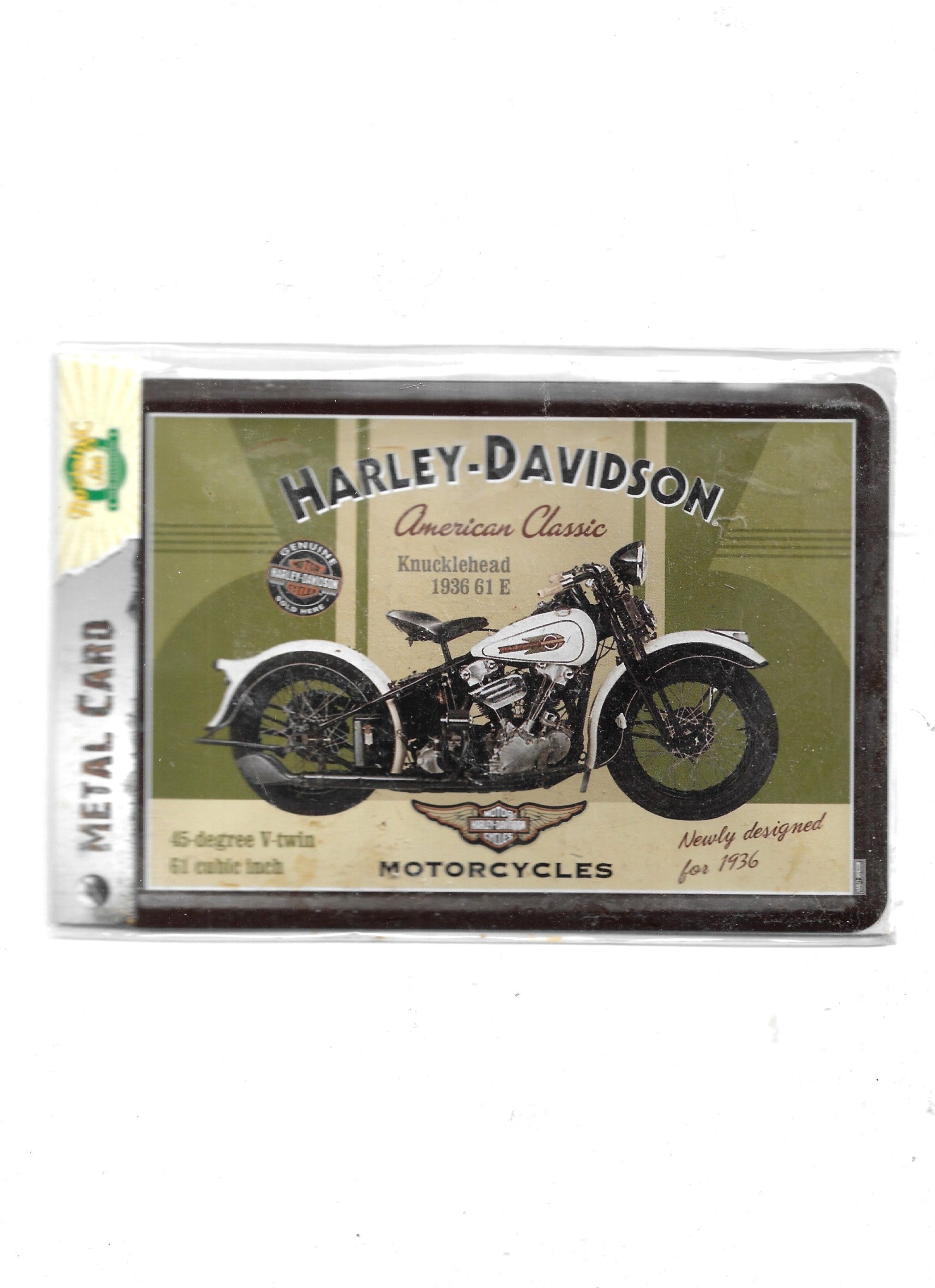 „Gewölbte und randgeprägte Blechpostkarte Harley Knucklehead 1936 von Nostalgic Art, 10 × 14 cm, papierbeschichtete Rückseite.“