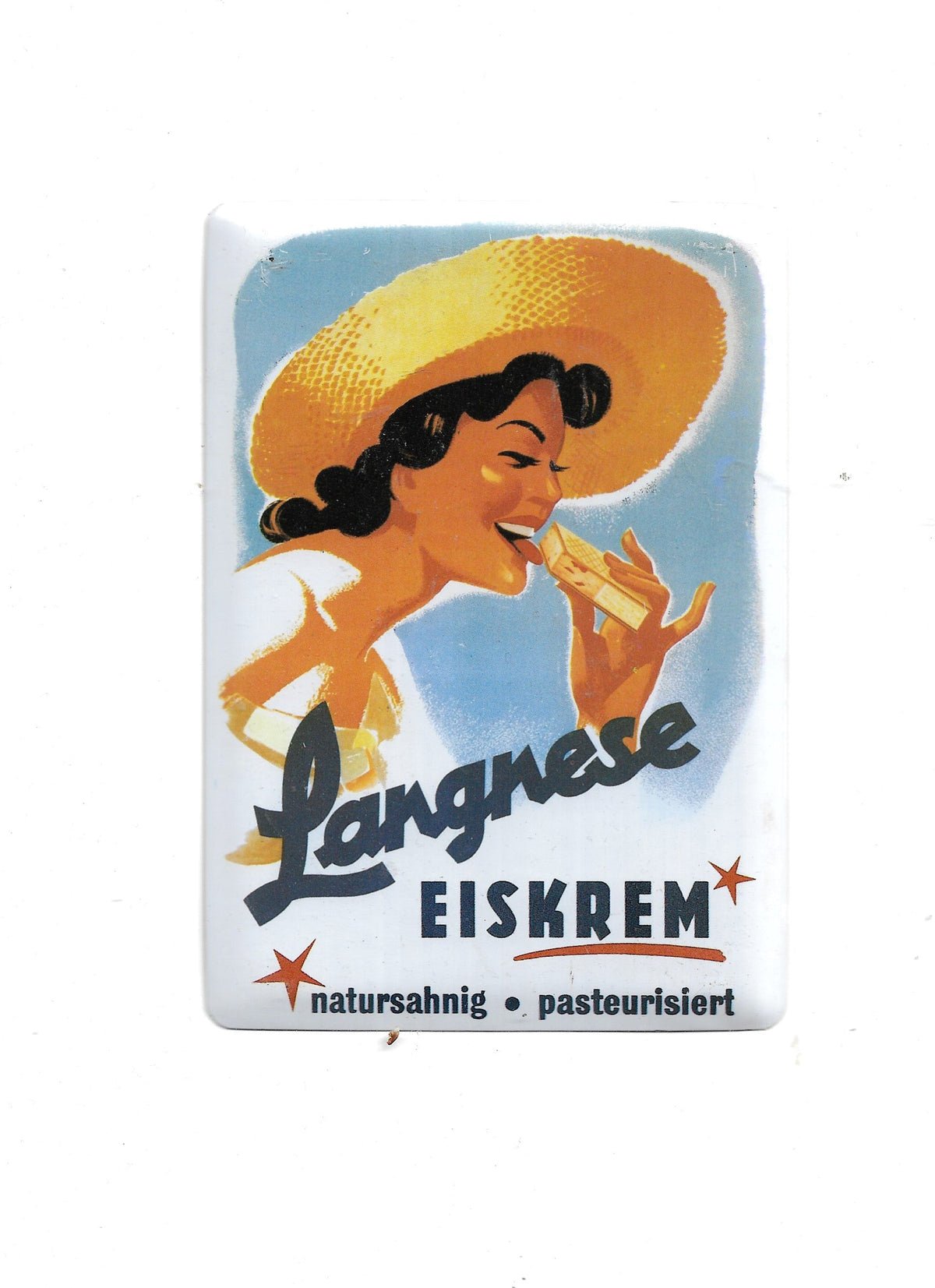 „Blechpostkarte Langnese Eiskrem, farbstarkes Retro‑Werbemotiv auf stabilem Blechträger, sehr guter Zustand mit leichten Gebrauchsspuren, ideal für Sammler historischer Werbung.“  