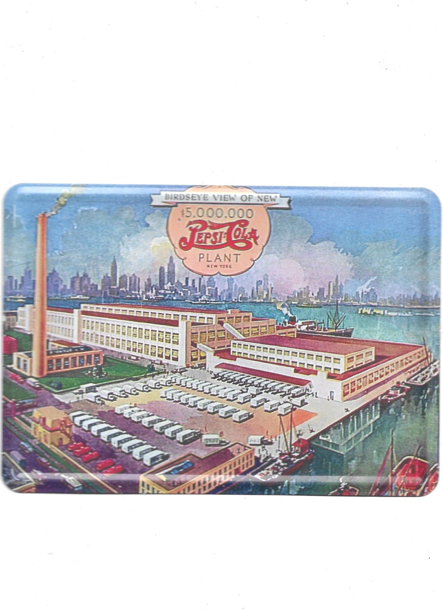 „Blechpostkarte Pepsi Cola Fabrik – gewölbte, randgeprägte Vintage‑Metallpostkarte im Retro‑Werbestil“