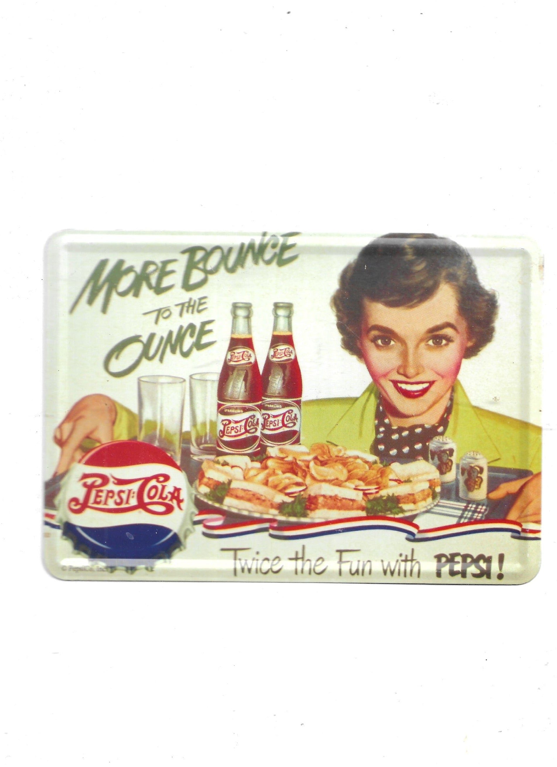 „Blechpostkarte Pepsi‑Cola more bounce to the ounce – gewölbte, randgeprägte Vintage‑Metallpostkarte im Retro‑Werbestil