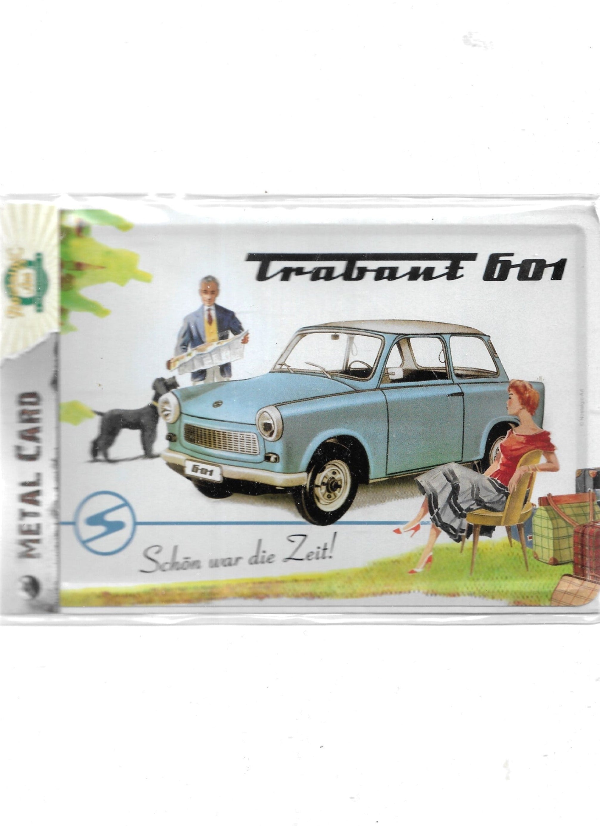 „Blechpostkarte Trabant 601 – Schön war die Zeit, gewölbt und randgeprägt, Vintage‑Metallpostkarte von Nostalgic Art“