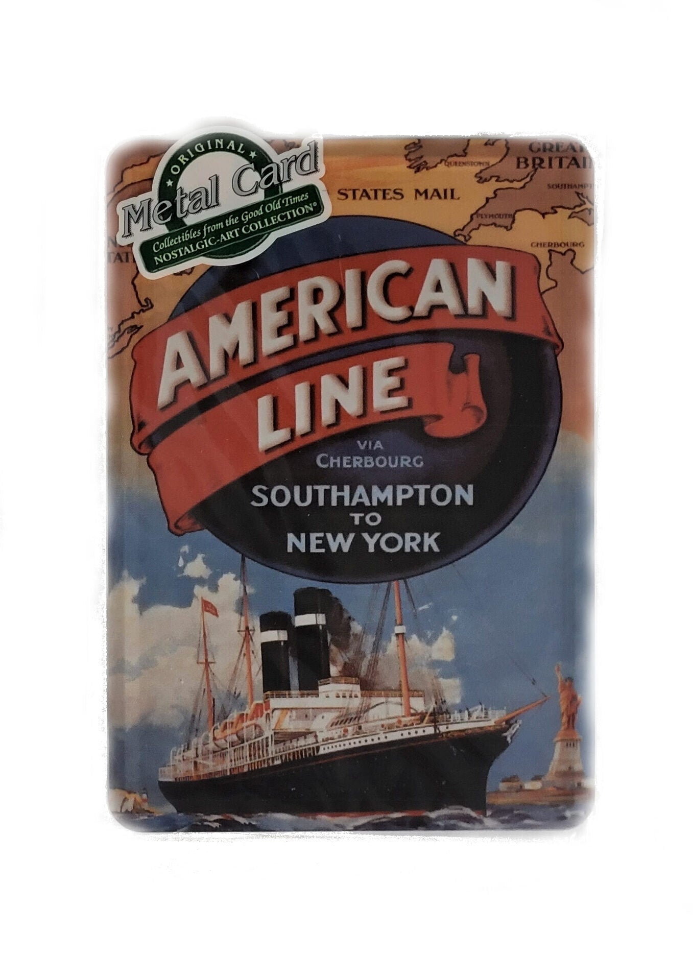 „Nostalgische Blechpostkarte ‚American Line – Southampton to New York‘, 10 × 14,5 cm, gewölbt und randgeprägt, 42 g schwer, aus Metall mit Papierbeschichtung. Retro‑Motiv der historischen Transatlantik‑Schifffahrt.“