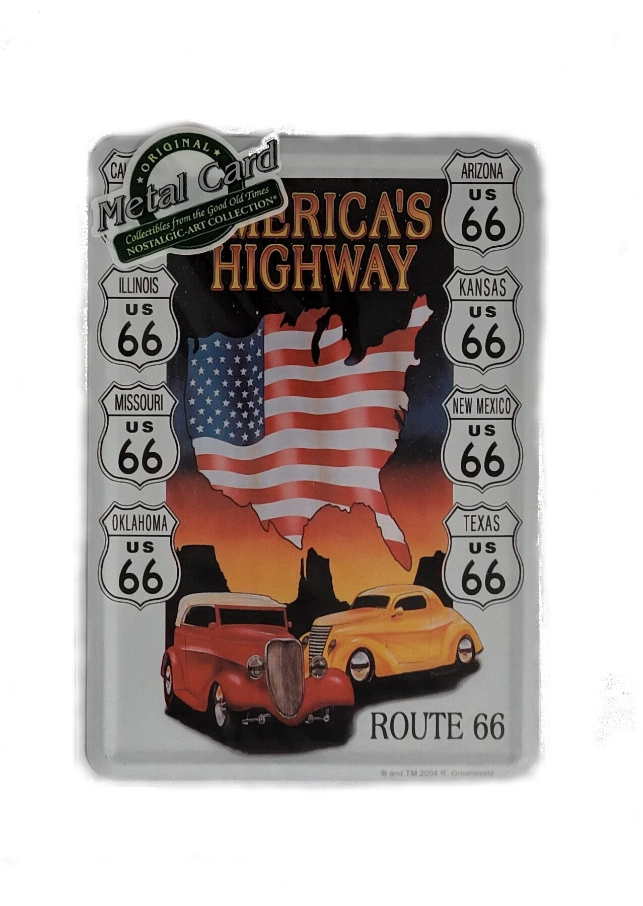 „Nostalgische Blechpostkarte ‚America’s Highway Route 66‘, 10 × 14 cm, gewölbt und randgeprägt, aus Metall mit Papierbeschichtung, 42 g schwer. Retro‑Motiv der US‑Route 66 im Vintage‑Design.“