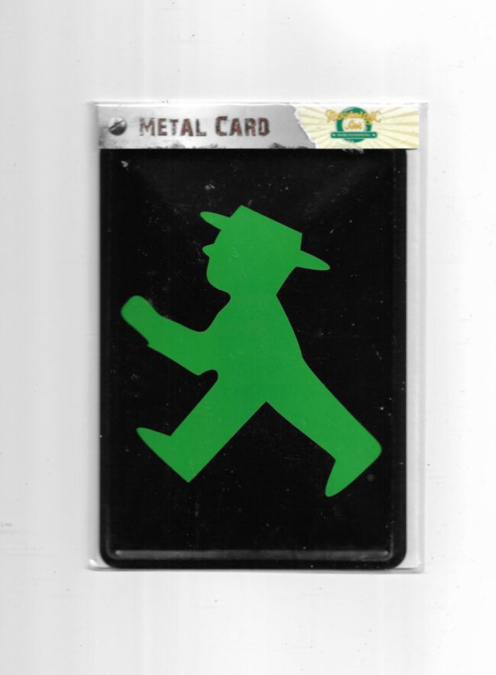„Nostalgische Blechpostkarte ‚Ampelmännchen grün‘, 10 × 14 cm, gewölbt und randgeprägt, aus Metall mit Papierbeschichtung. Retro‑Motiv des klassischen Ost‑Ampelmännchens im Vintage‑Design.“