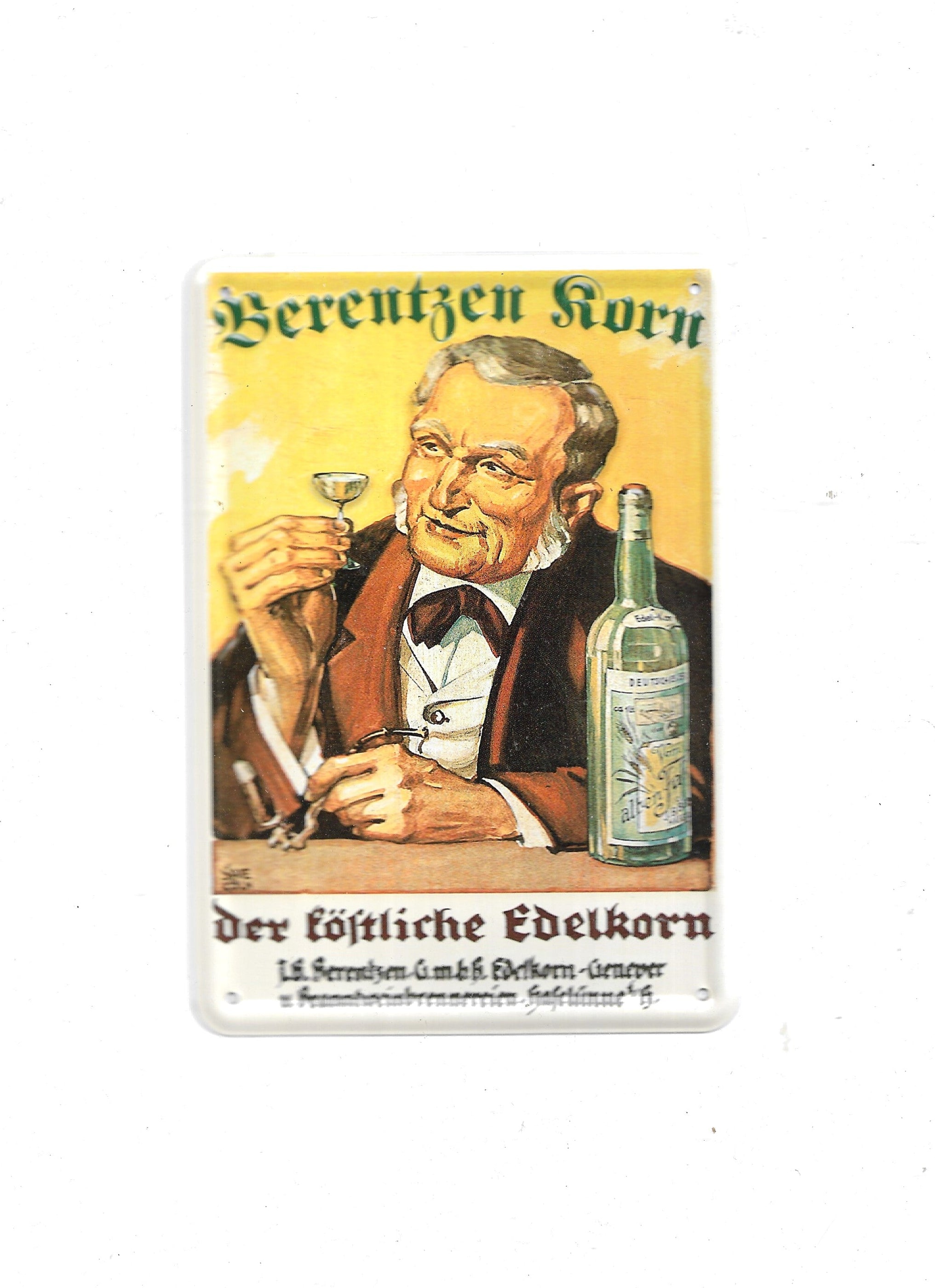 „Nostalgische Blechpostkarte ‚Berentzen – der köstliche Korn‘, 10 × 14 cm, gewölbt und randgeprägt, aus Metall mit Papierbeschichtung, 0,04 kg. Retro‑Werbemotiv der Marke Berentzen im Vintage‑Design.“