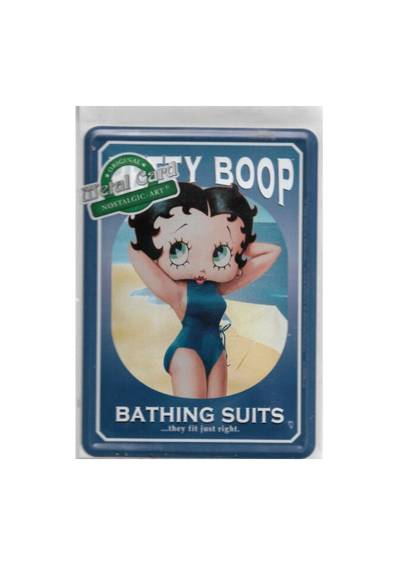 „Nostalgische Blechpostkarte ‚Betty Boop‘, 10 × 14 cm, gewölbt und randgeprägt, aus Metall mit Papierbeschichtung, 42 g schwer. Retro‑Motiv der Cartoon‑Ikone Betty Boop im Vintage‑Design.“
