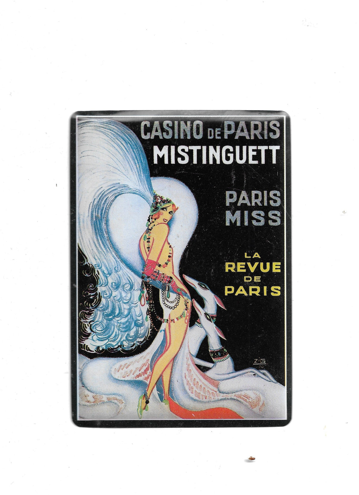 „Blechpostkarte Casino de Paris – Mistinguett, farbstarkes Retro‑Varieté‑Motiv auf stabilem Metallträger, sehr guter Zustand mit leichten Gebrauchsspuren, ideal für Sammler nostalgischer Werbung.“  
