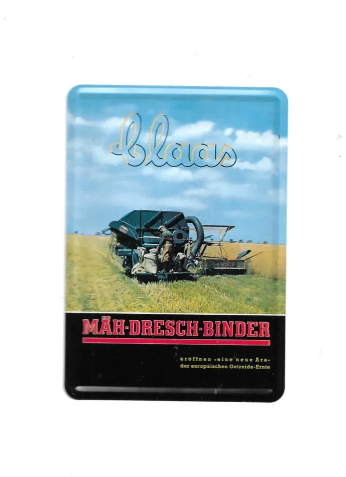 Blechpostkarte mit Claas-Werbemotiv: Mäh-Dresch-Binder auf Getreidefeld, Retrodesign, ca. 10 × 14 cm, neu in OVP.“