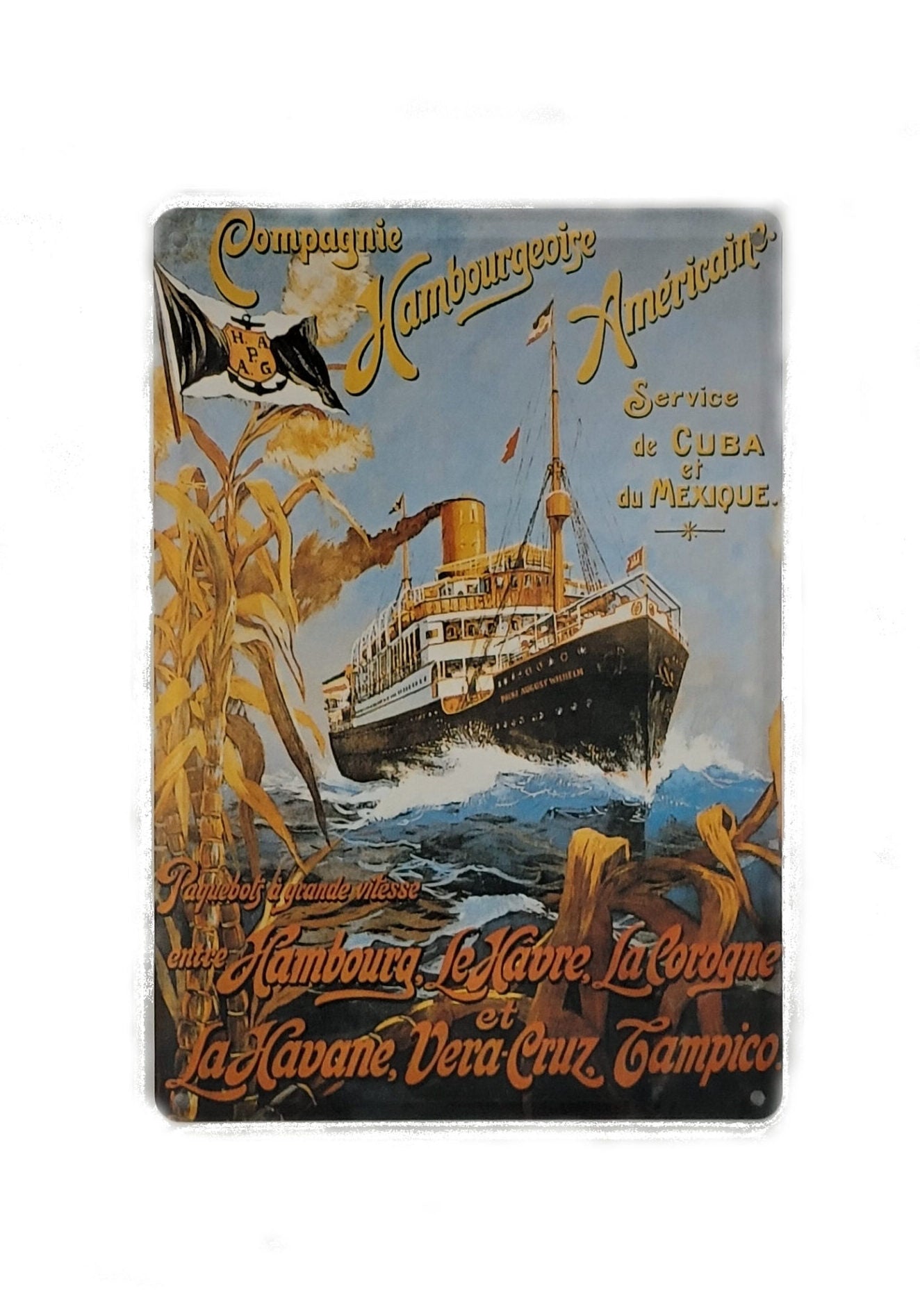 „Gewölbte und randgeprägte Blechpostkarte Compagnie Hambourgeoise Americain, 10 × 14 cm, papierbeschichtete Rückseite.