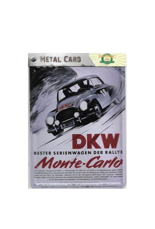 „Gewölbte und randgeprägte Blechpostkarte DKW Monte Carlo von Nostalgic Art, 10 × 14 cm, papierbeschichtete Rückseite.“