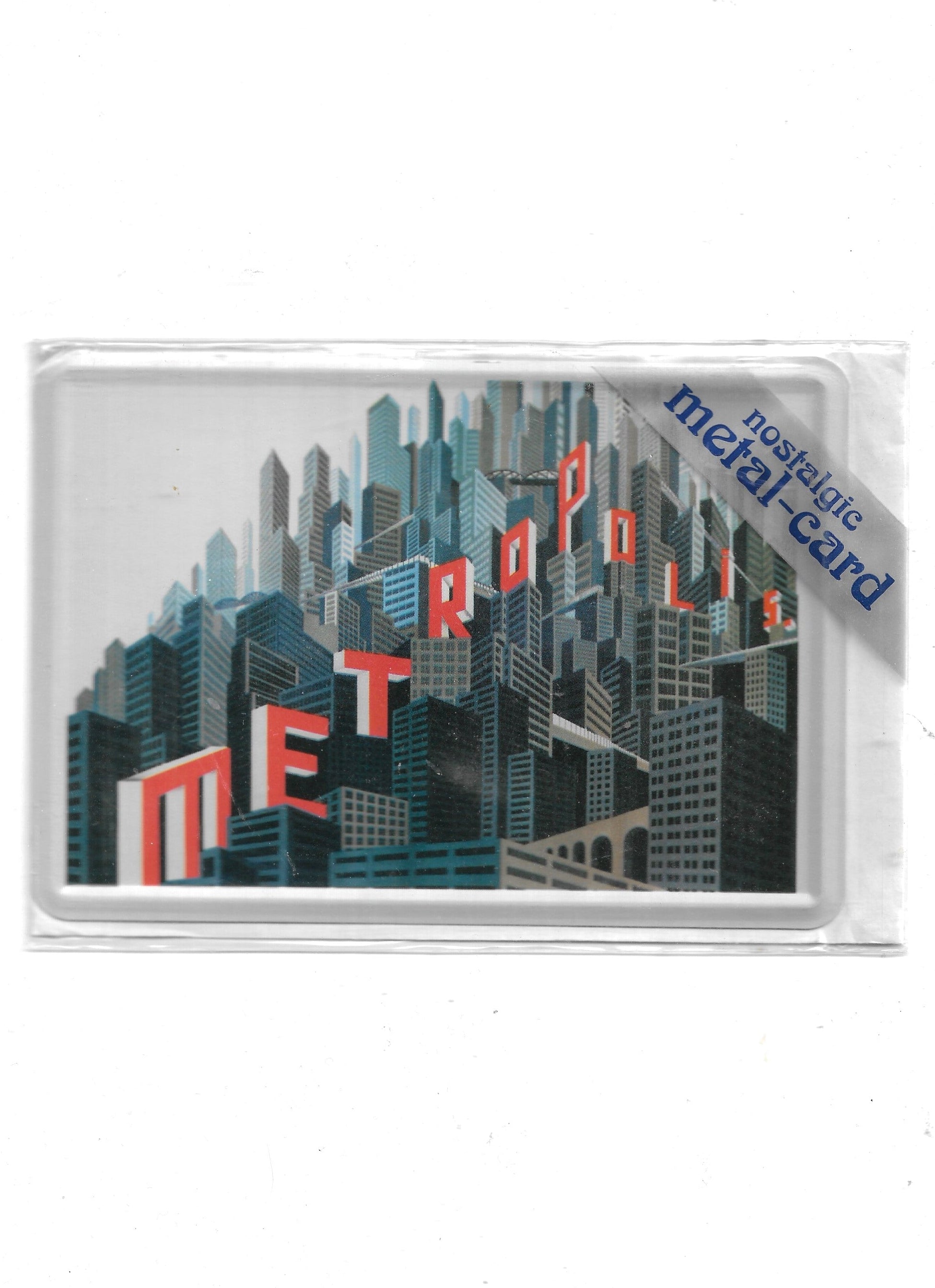 „Gewölbte und randgeprägte Blechpostkarte Fritz Lang Metropolis von Nostalgic Art, 8 × 11 cm, papierbeschichtete Rückseite.“