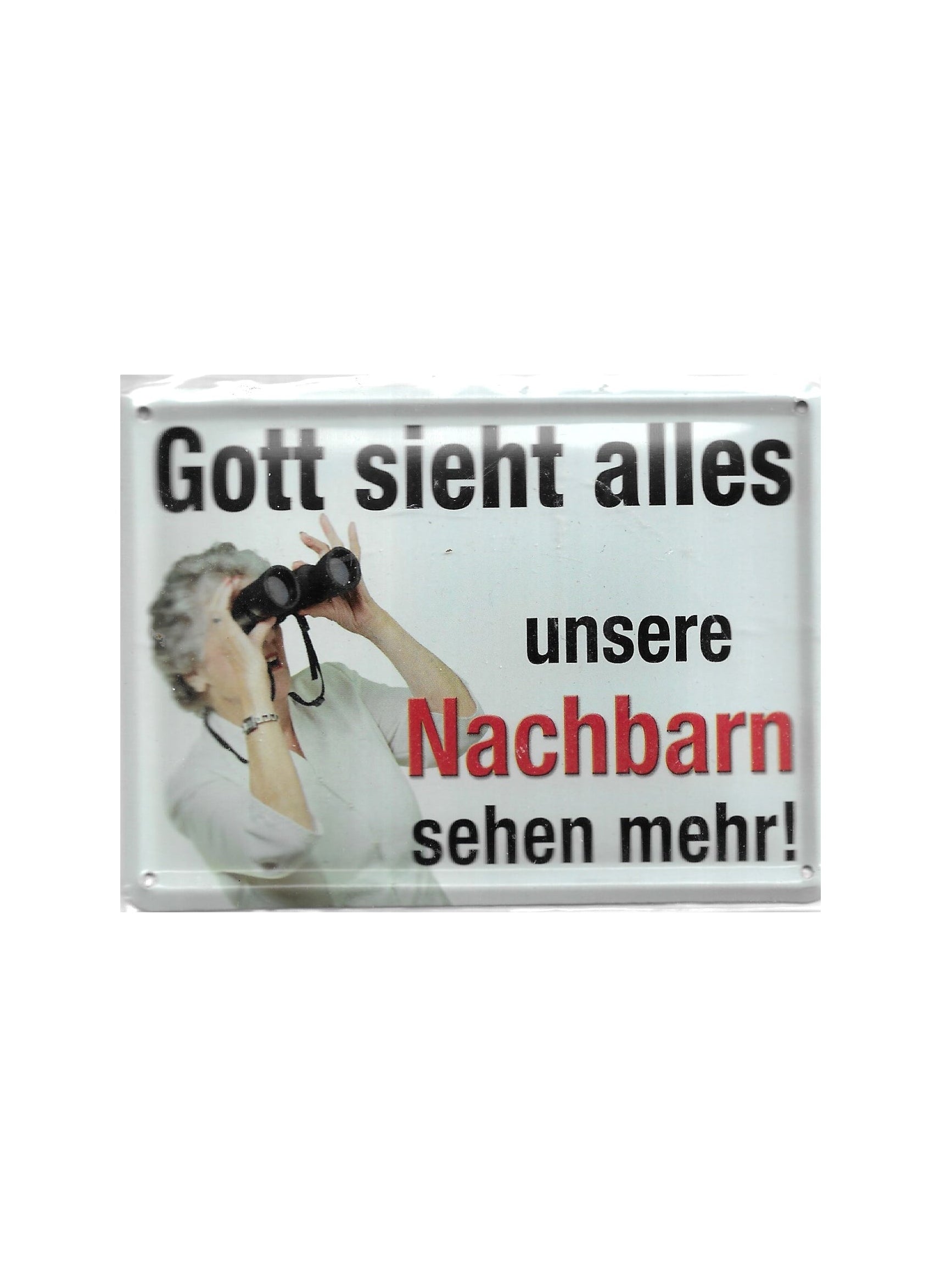 „Gewölbte und randgeprägte Blechpostkarte Gott sieht alles, 8 × 11 cm, papierbeschichtete Rückseite, mit vier vorgebohrten Löchern zur Aufhängung.“