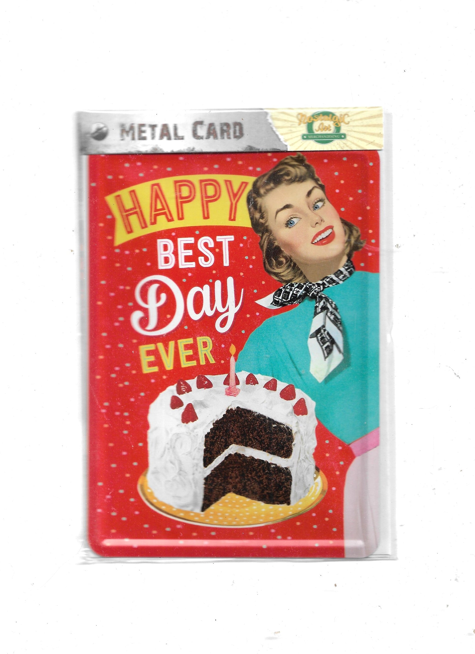 „Nostalgische Blechpostkarte ‚Happy Best Day ever‘, 10 × 14 cm, gewölbt und randgeprägt, aus Metall mit Papierbeschichtung, fröhliches Retro‑Motiv im Vintage‑Design.