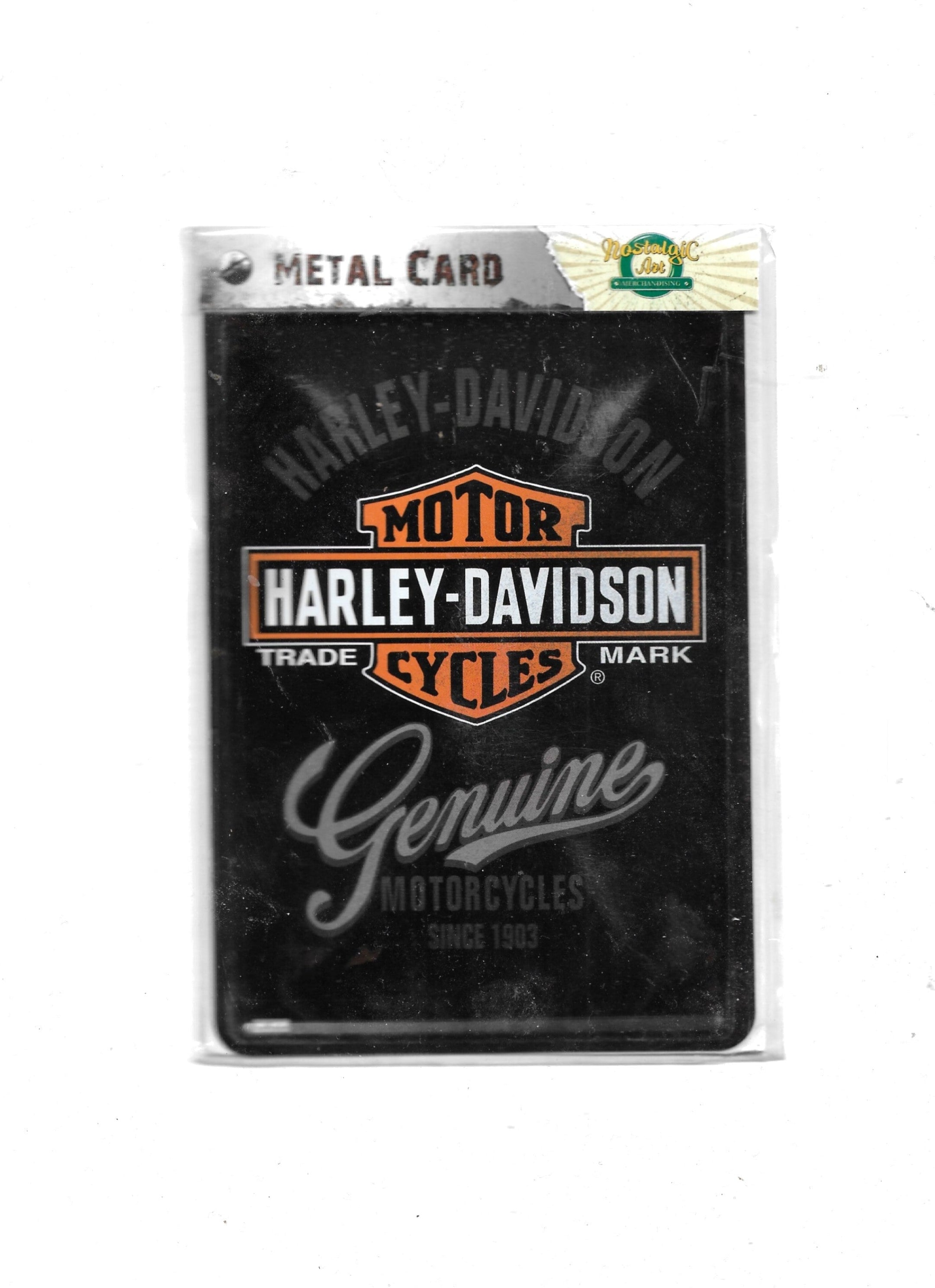 „Gewölbte und randgeprägte Blechpostkarte Harley Davidson Genuine von Nostalgic Art, 10 × 14 cm, papierbeschichtete Rückseite.