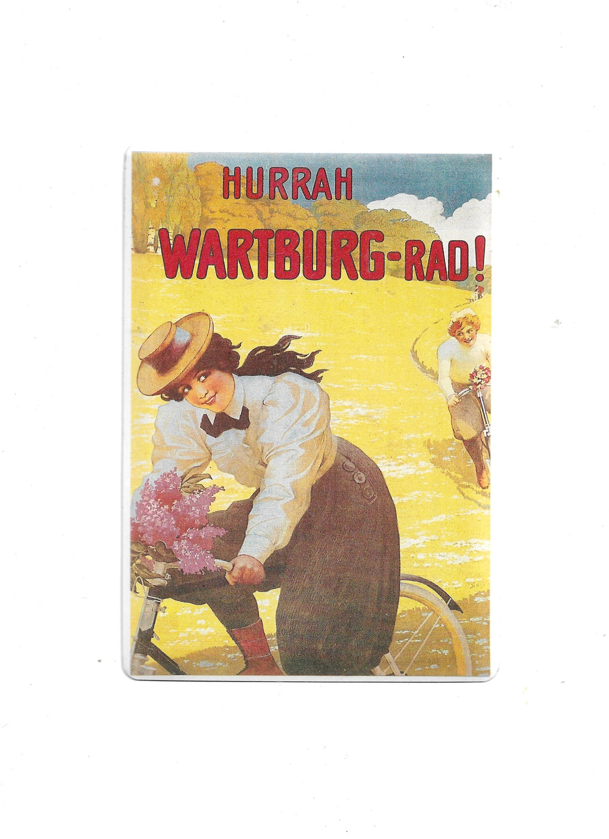 „Blechpostkarte Hurrah Wartburg‑Rad!, farbstarkes Retro‑Werbemotiv, sehr guter Zustand, stabile Metallkarte.“