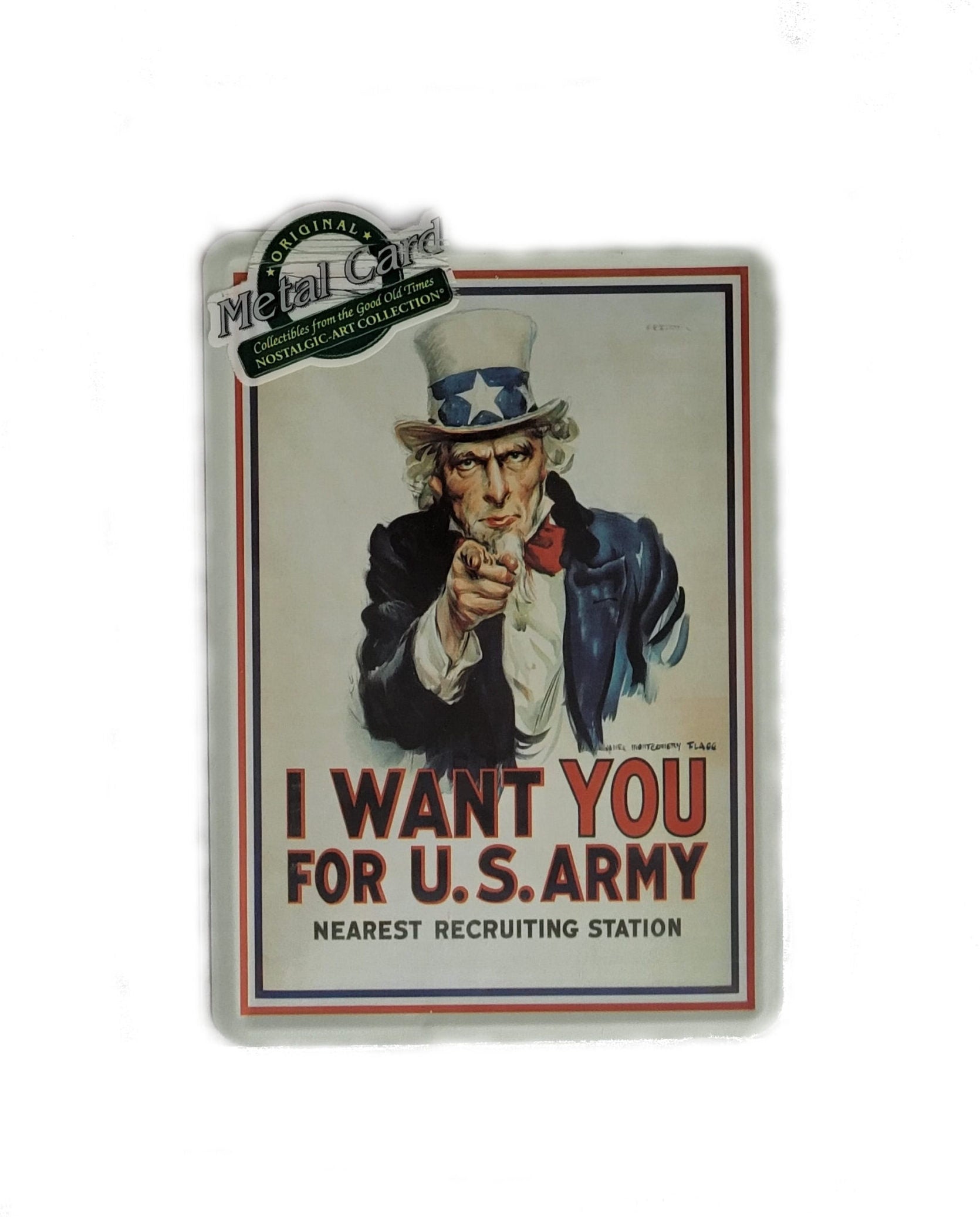 „Gewölbte und randgeprägte Blechpostkarte I want you for U.S. Army von Nostalgic Art, 10 × 14 cm, papierbeschichtete Rückseite.“
