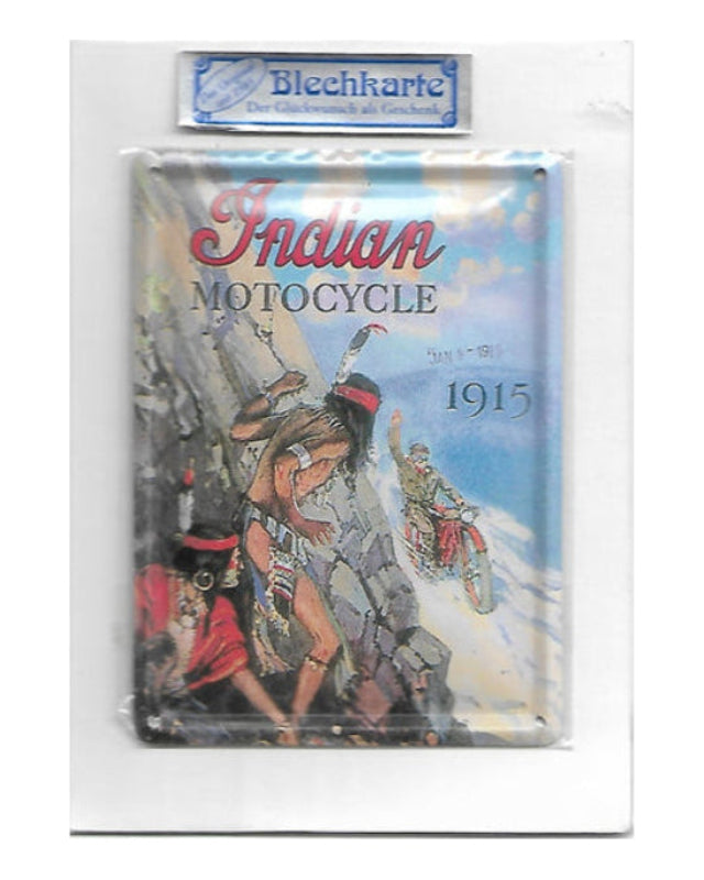 „Gewölbte und randgeprägte Blechpostkarte Indian Motorcycle 1915, 8 × 11 cm, papierbeschichtete Rückseite.“