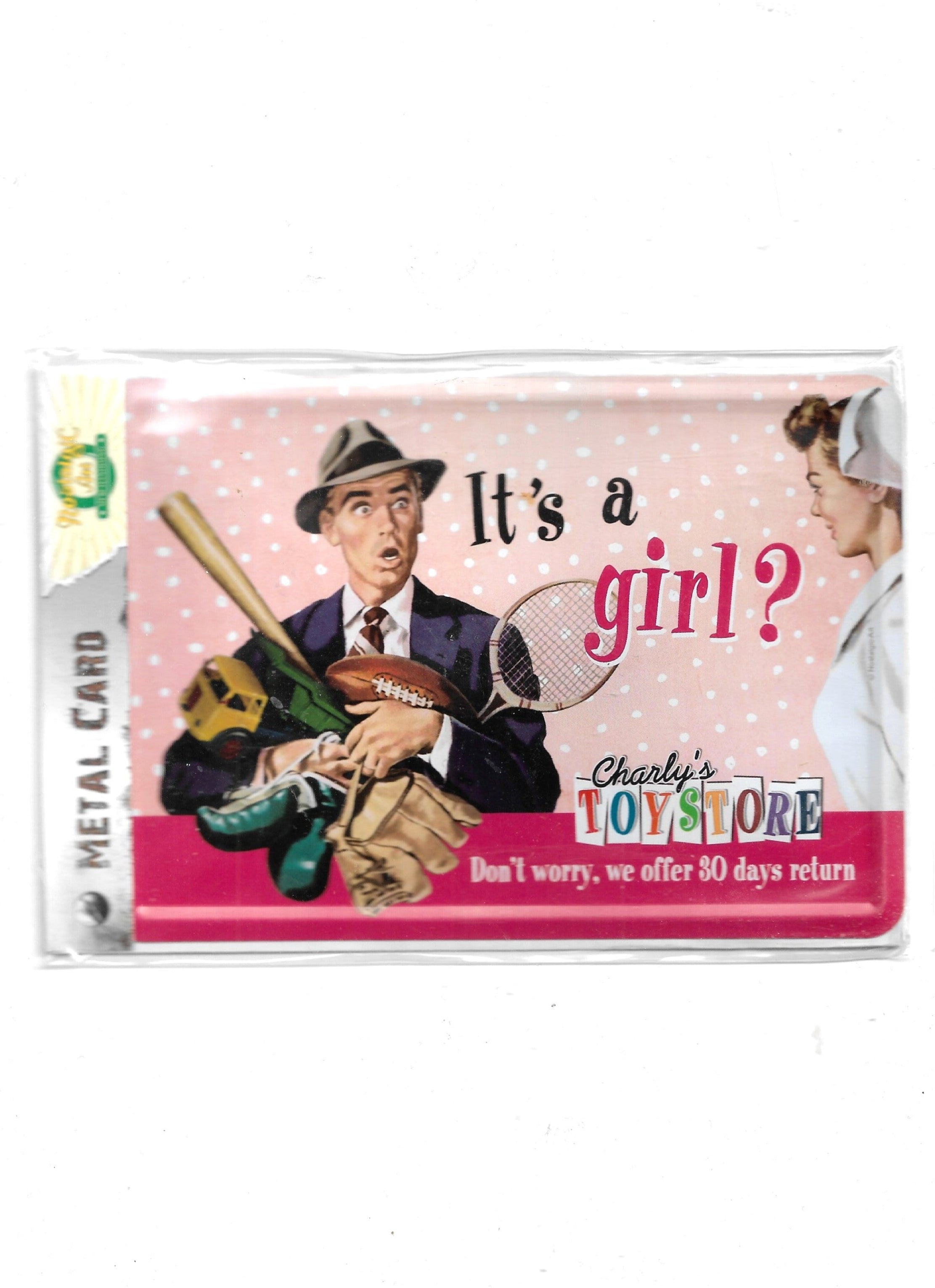 „Gewölbte und randgeprägte Blechpostkarte It’s a girl? von Nostalgic Art, 10 × 14 cm, papierbeschichtete Rückseite.“