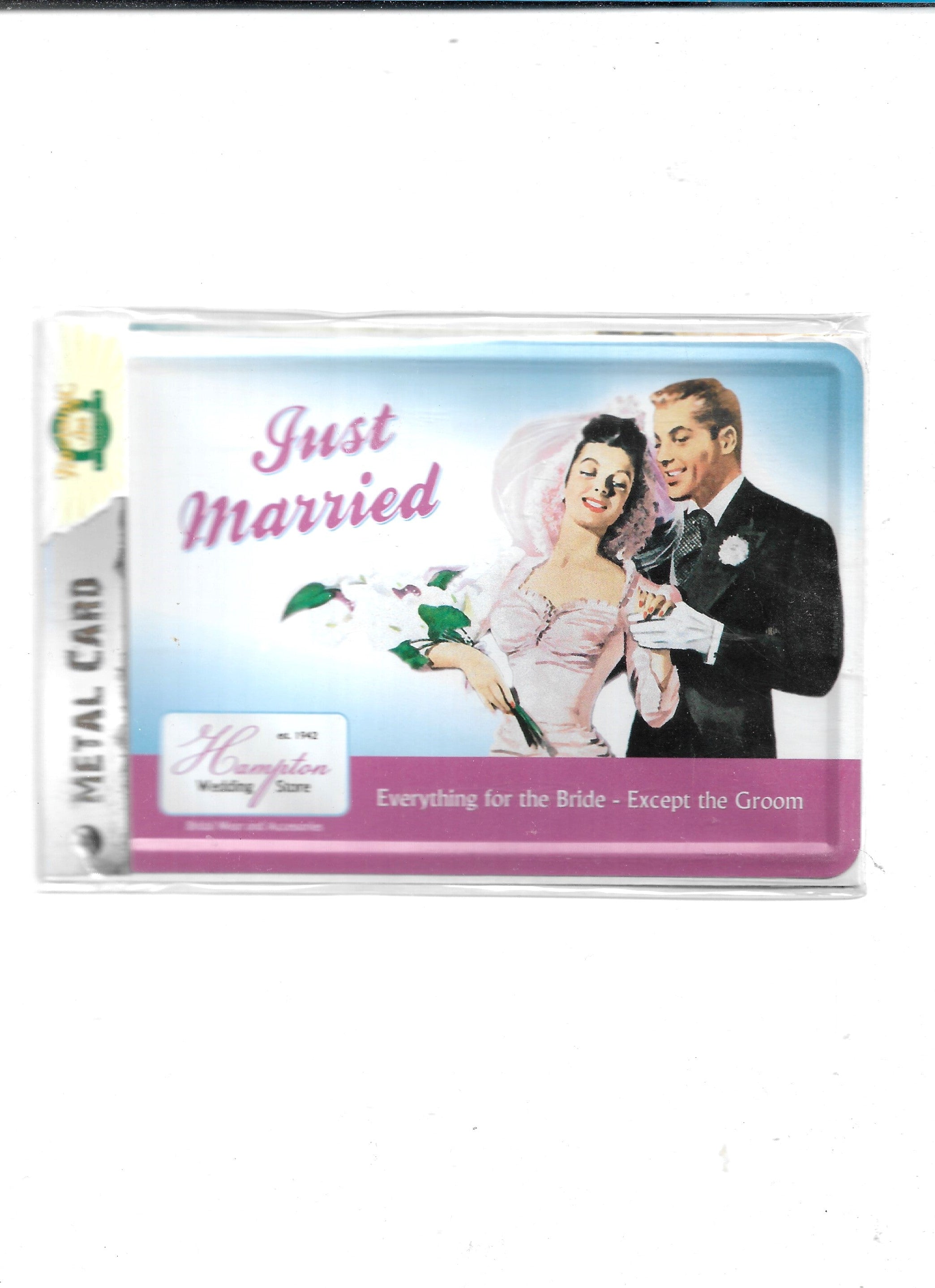 „Blechpostkarte Just Married – gewölbte, randgeprägte Vintage‑Metallpostkarte von Nostalgic Art“