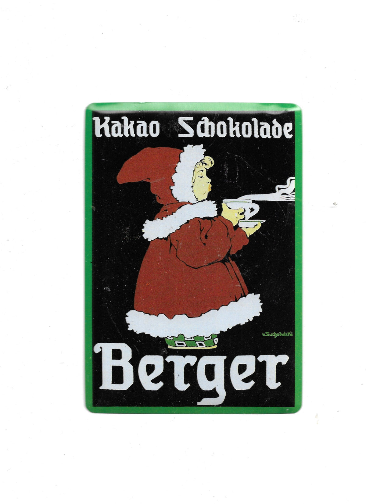 „Blechpostkarte Berger Kakao Schokolade, farbstarkes Retro‑Werbemotiv auf stabilem Metallträger, sehr guter Zustand mit leichten Gebrauchsspuren, ideal für Sammler historischer Werbung.“  