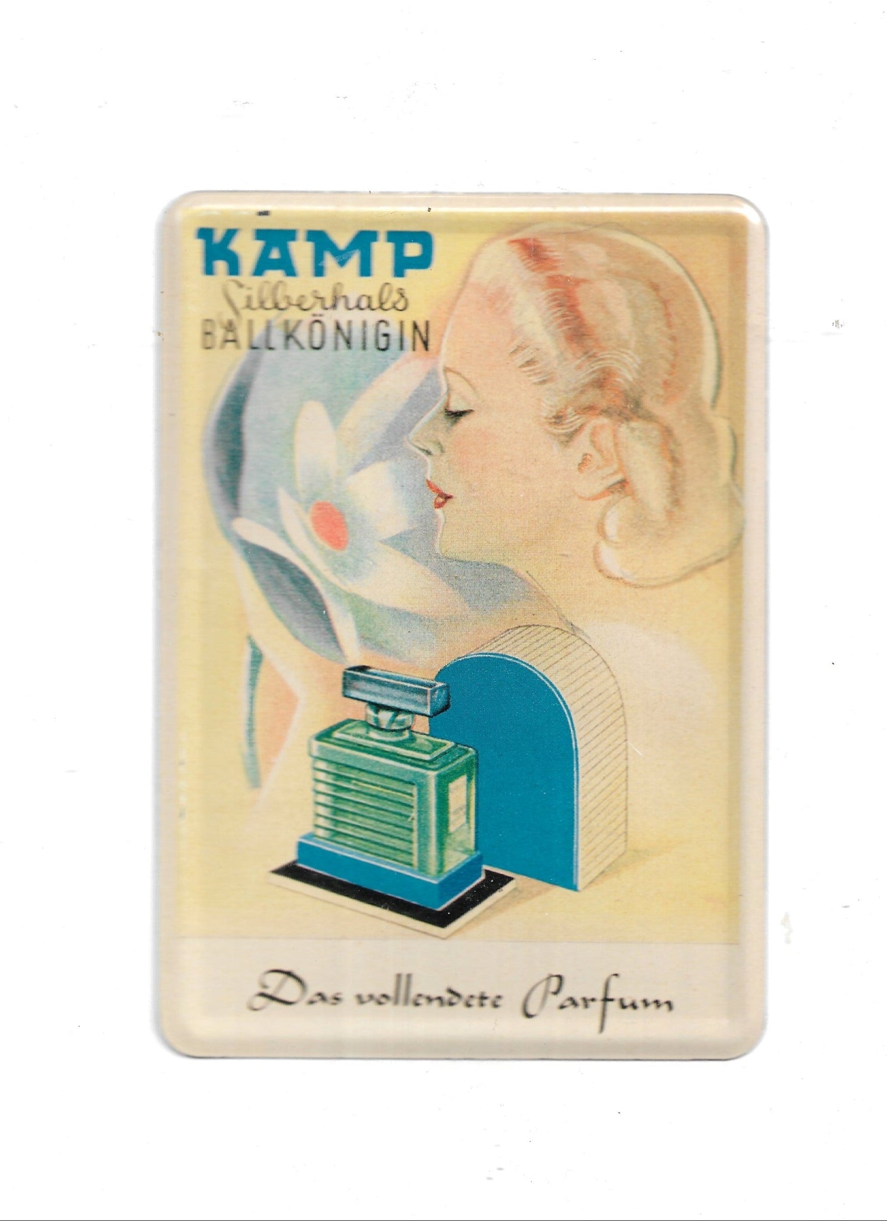 „Blechpostkarte Kamp Silberhals Ballkönigin – Das vollendete Parfum, gewölbt und randgeprägt, nostalgische Parfum‑Werbung“