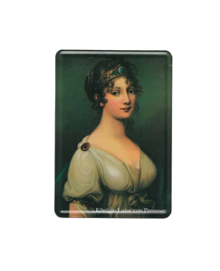 „Blechpostkarte mit klassischem Porträt von Königin Luise von Preußen, ca. 10 × 14 cm, gewölbt.“