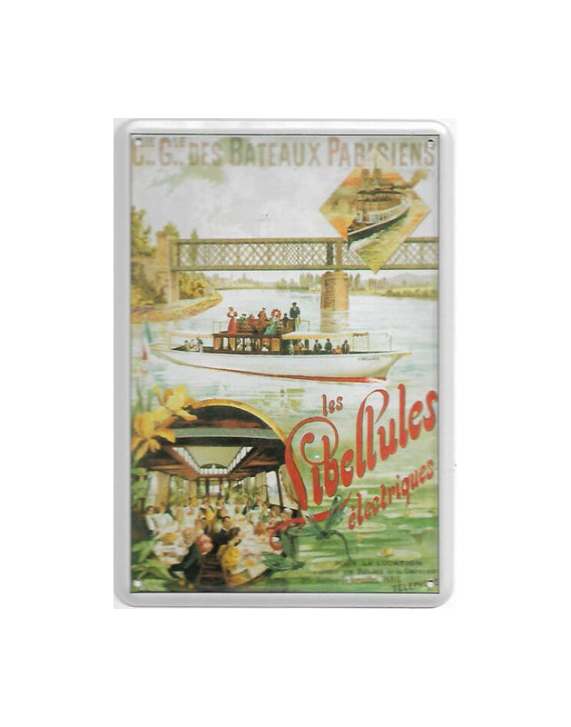 „Blechpostkarte Les Libellules électriques Paris – gewölbte, randgeprägte Vintage‑Metallpostkarte, Flohmarktfund“
