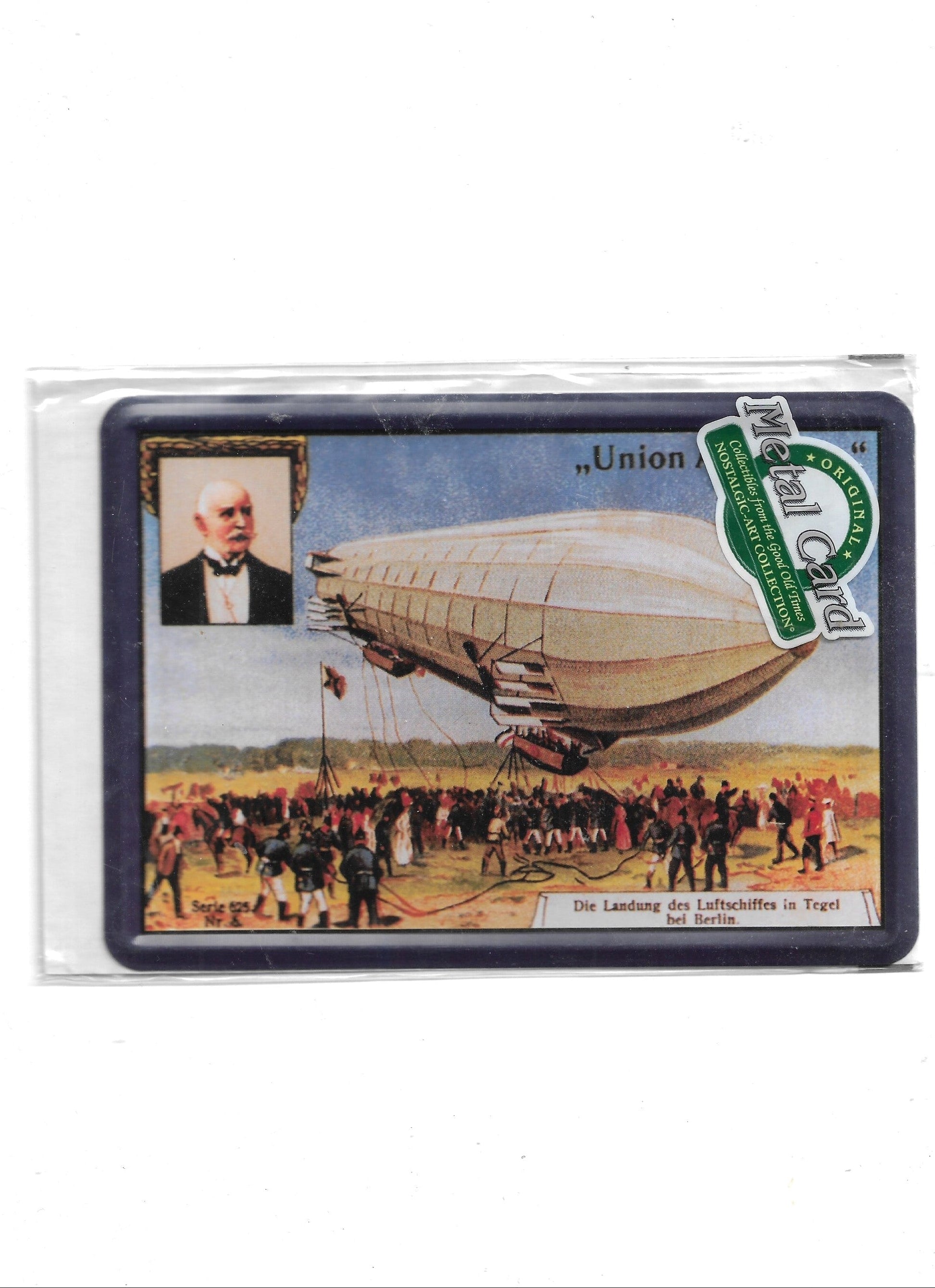 „Blechpostkarte Luftschiff – gewölbte, randgeprägte Vintage‑Metallpostkarte von Nostalgic Art, inspiriert von historischen Luftschiffmotiven wie bei Union Augsburg“