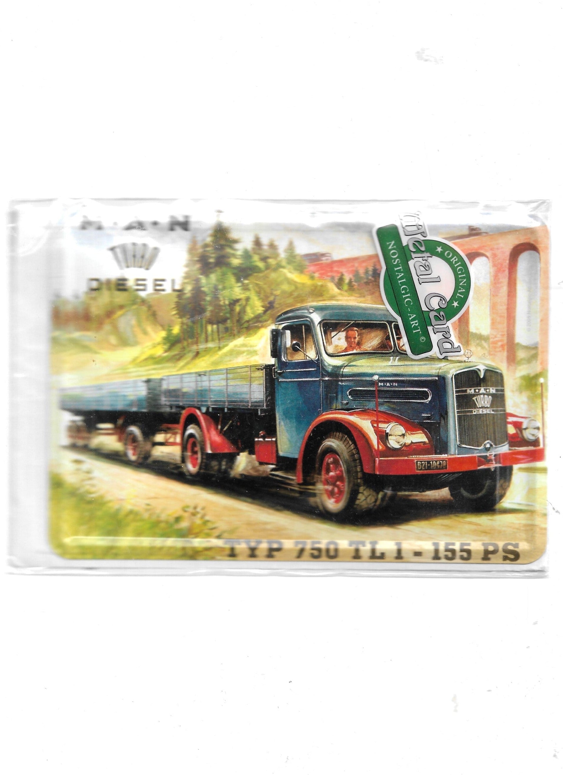 „Blechpostkarte MAN Typ 750 TL1 – 155 PS, gewölbte und randgeprägte Vintage‑Metallpostkarte von Nostalgic Art“