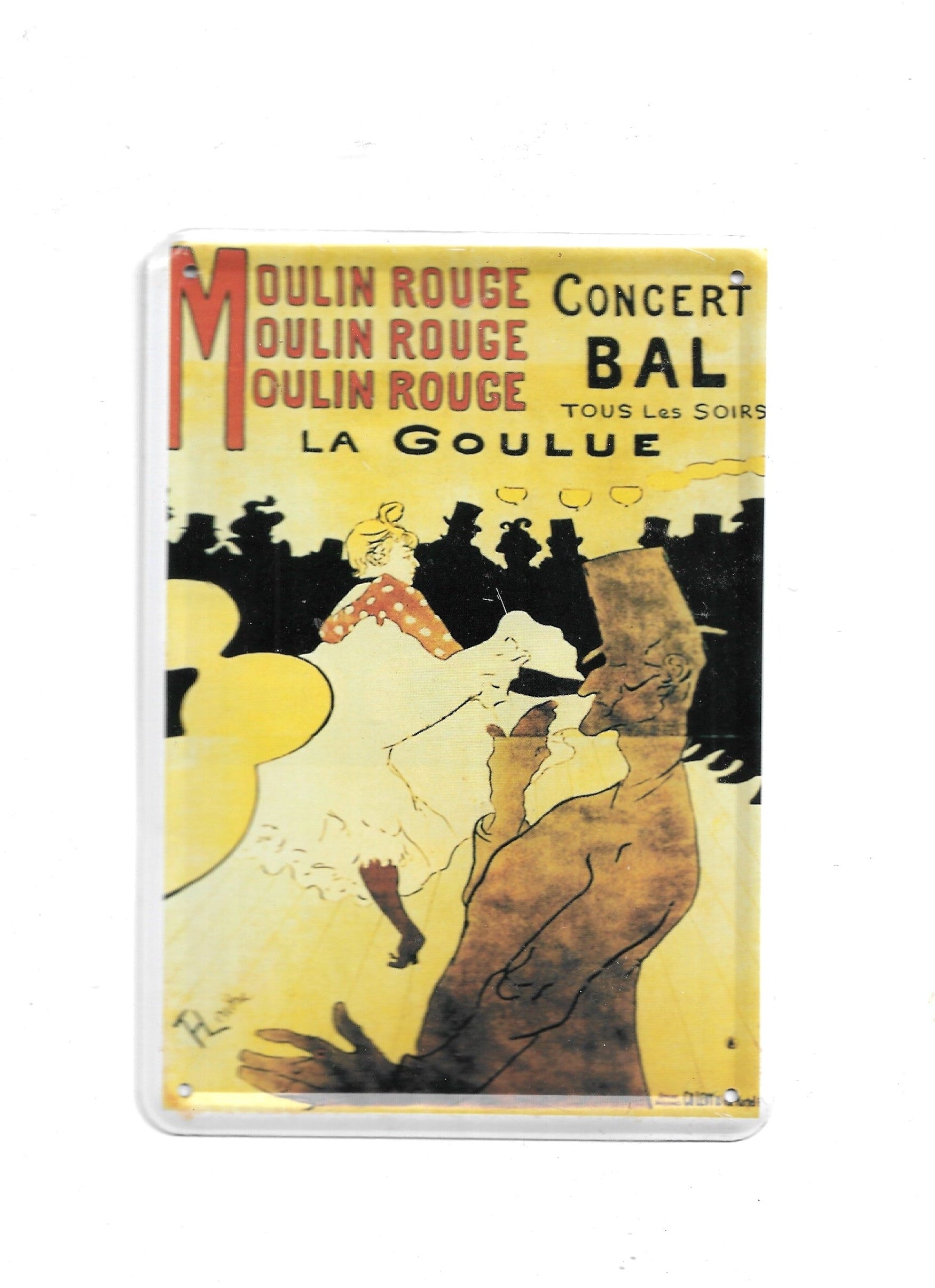 „Blechpostkarte Moulin Rouge – La Goulue, gewölbt und randgeprägt, Toulouse‑Lautrec Vintage‑Motiv“