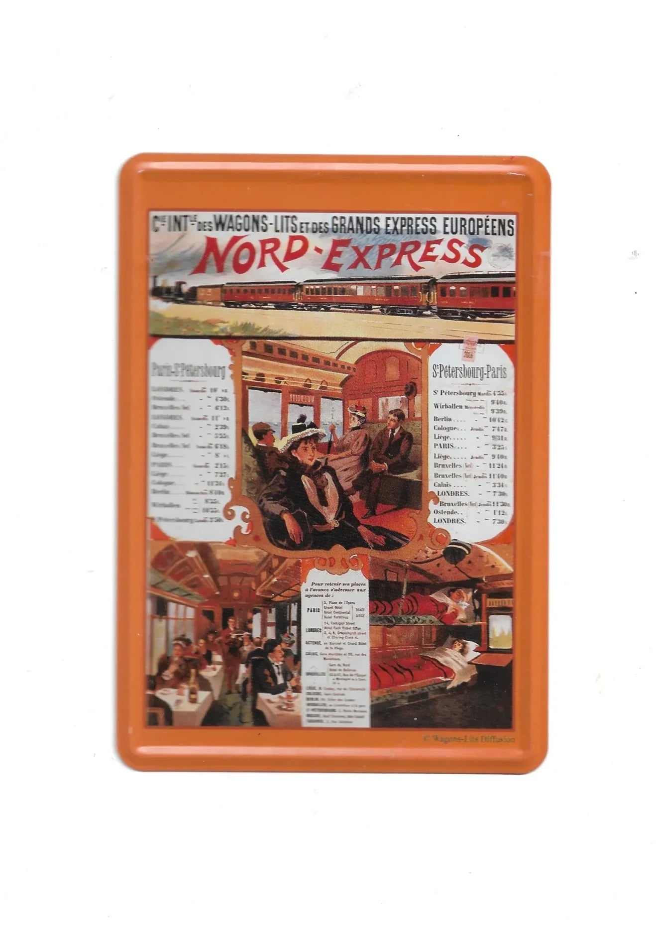 „Blechpostkarte mit historischem Zugmotiv: Nord-Express, Luxuszug Paris–St. Petersburg, ca. 10 × 14 cm, neu in OVP.“