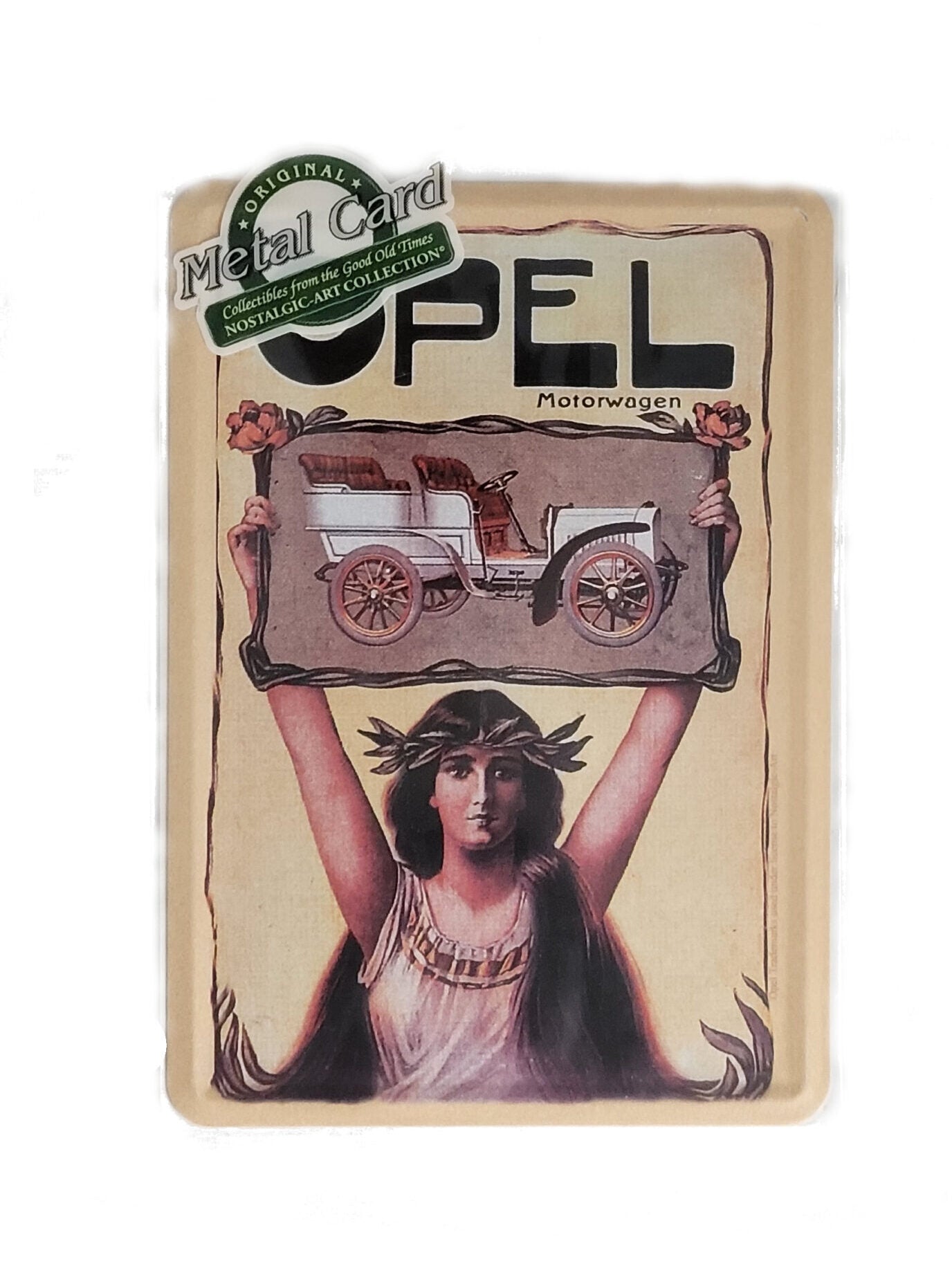 „Blechpostkarte Opel Motorwagen – gewölbte, randgeprägte Vintage‑Metallpostkarte von Nostalgic Art“