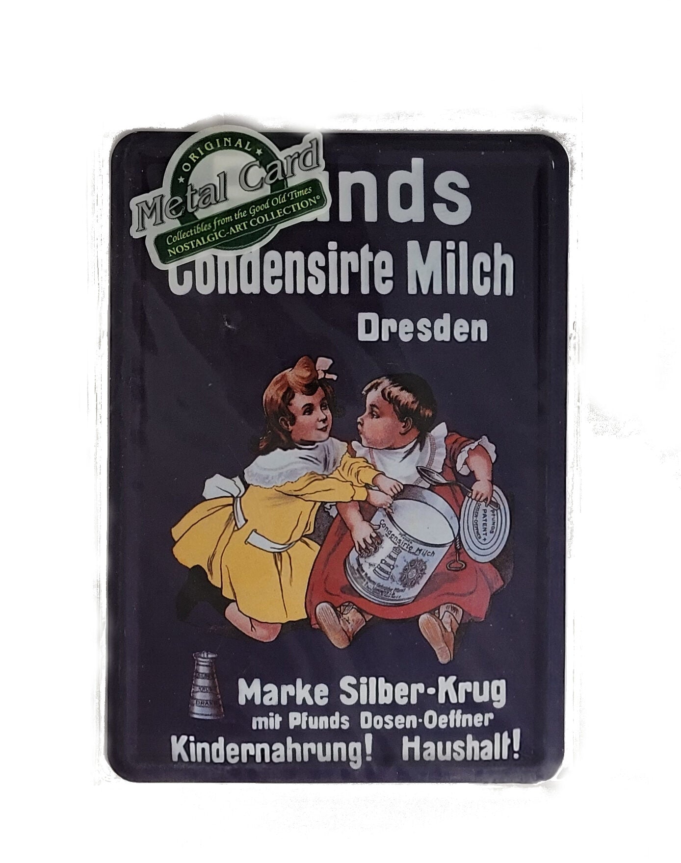 „Blechpostkarte Pfunds Condensierte Milch Dresden – gewölbte, randgeprägte Vintage‑Metallpostkarte von Nostalgic Art“