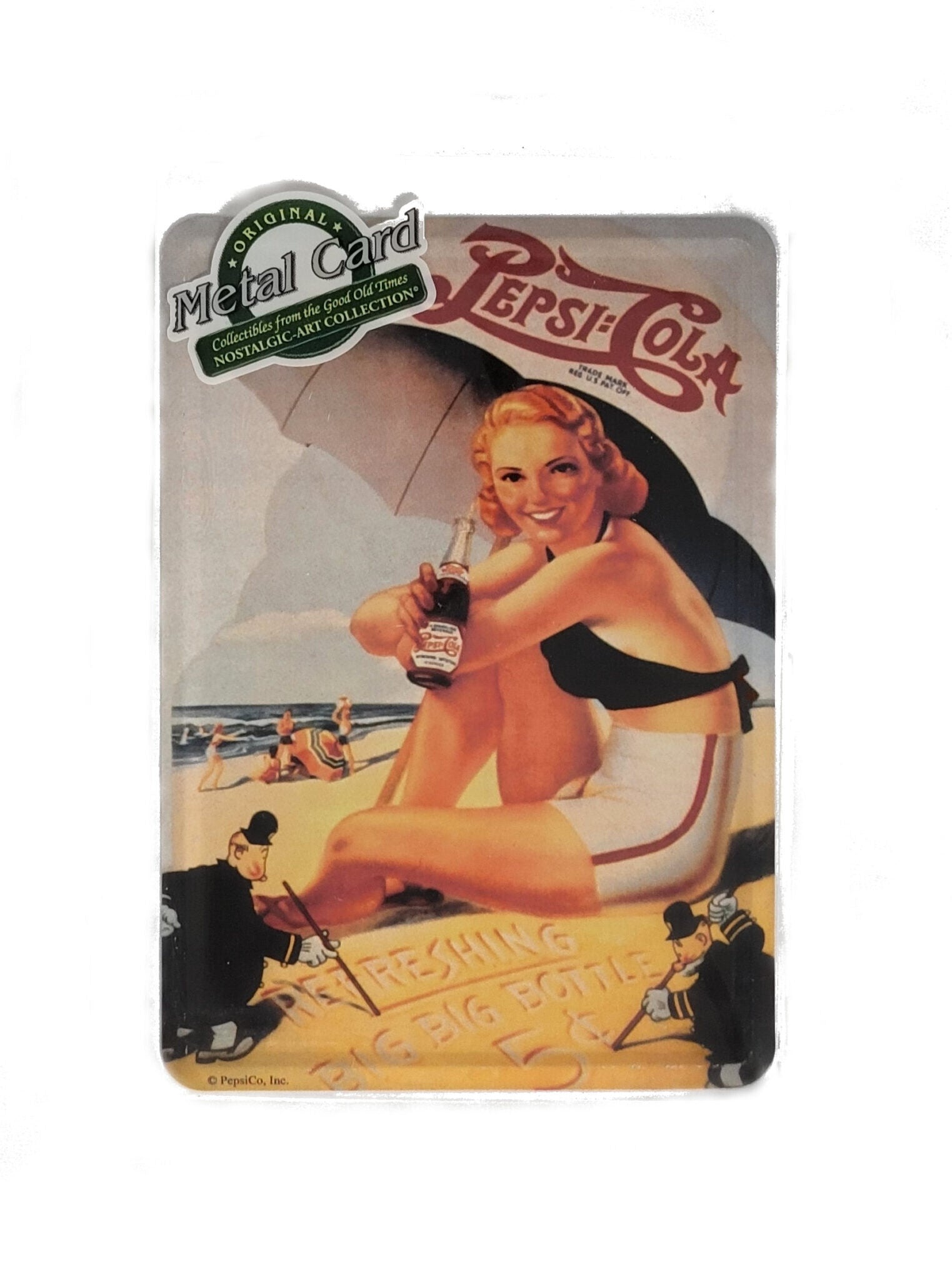 „Blechpostkarte Pepsi Cola Beach Pin‑up – gewölbte, randgeprägte Vintage‑Metallpostkarte von Nostalgic Art“