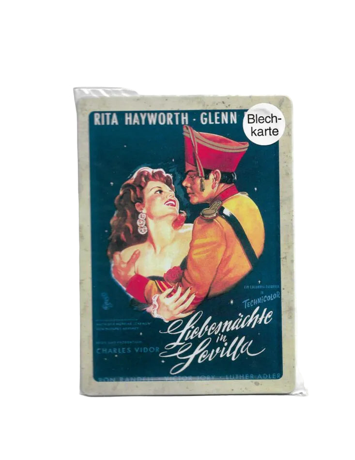 „Blechpostkarte Rita Hayworth – Motiv Liebesnächte in Sevilla