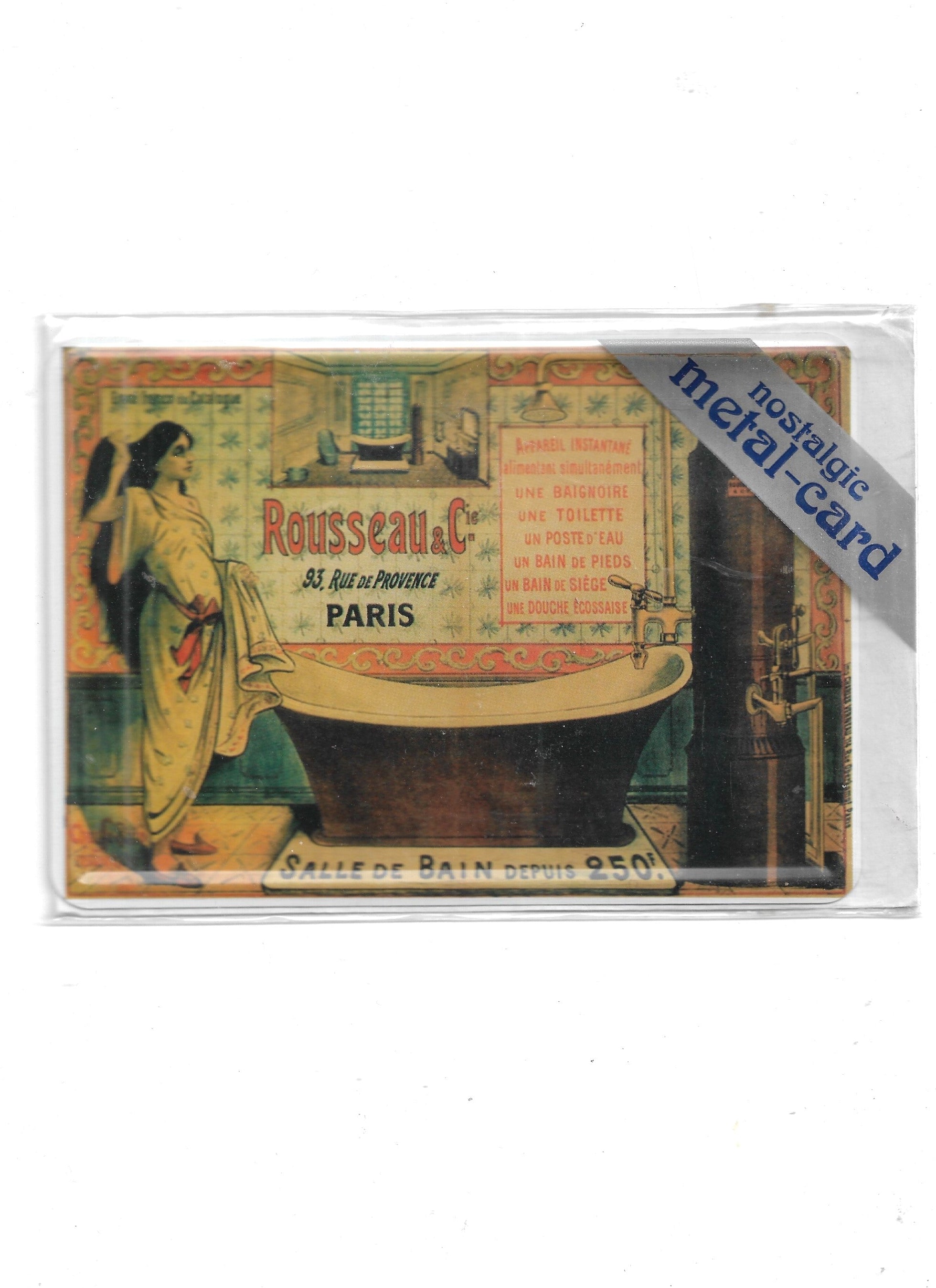 „Blechpostkarte Rousseau & C Salle de Bain – gewölbte, randgeprägte Vintage‑Metallpostkarte von Nostalgic Art“