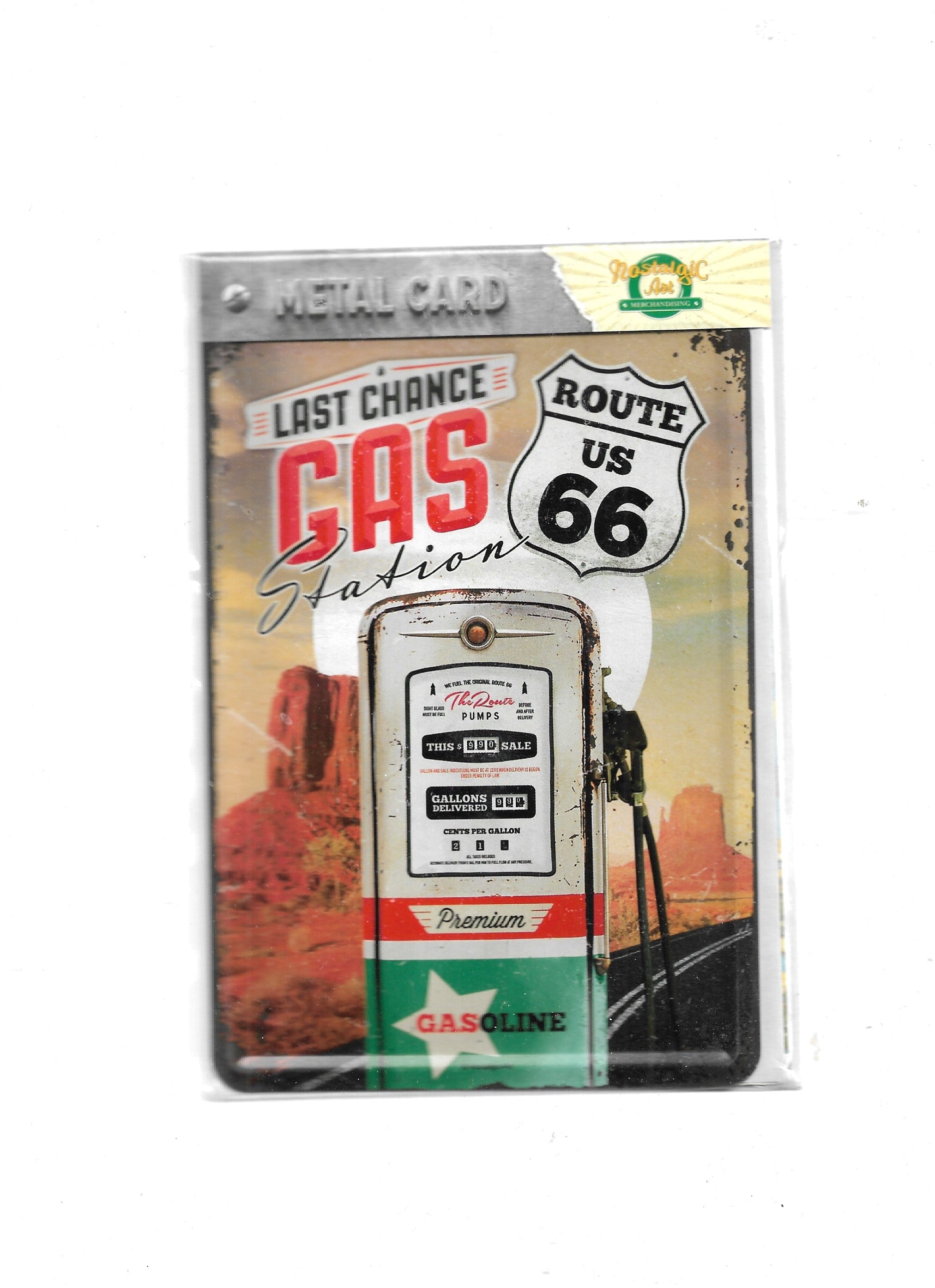 „Blechpostkarte Route US 66 Last Chance Gas Station – gewölbte, randgeprägte Vintage‑Metallpostkarte von Nostalgic Art“